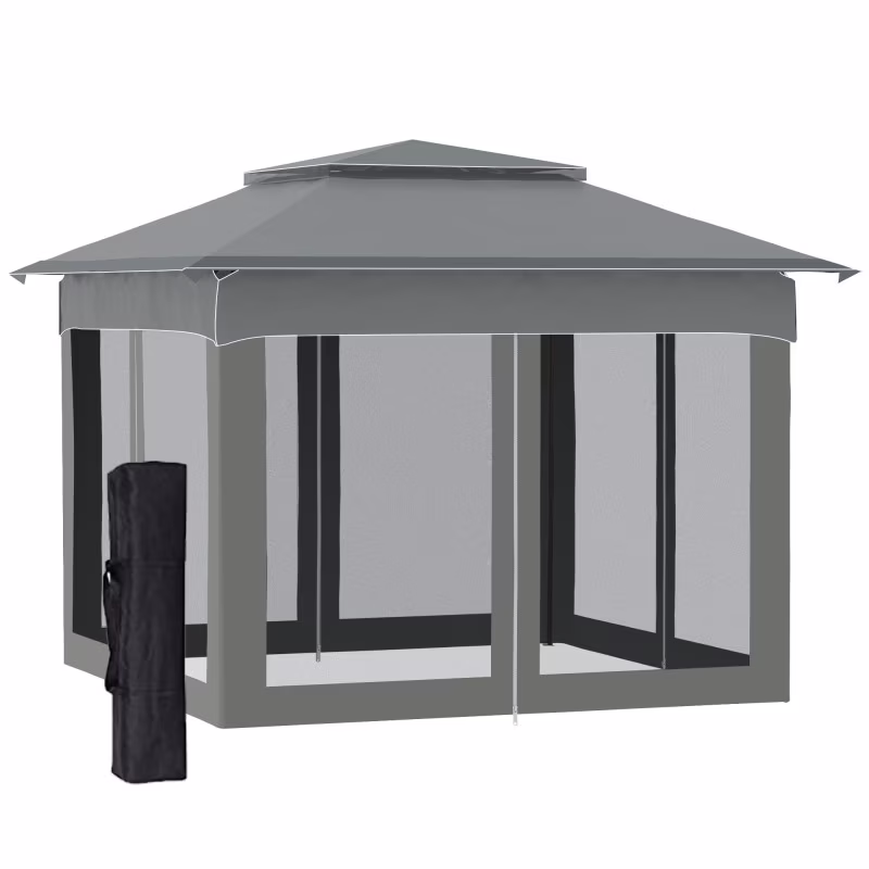 Outsunny 11' x 11' Pop Up Canopy, Outdoor Patio Gazebo Shelter with Removable Zipper Netting, Instant Event Tent w/ 114 Square Feet of Shade and Carry Bag for Backyard, Garden, Dark Gray On-Site