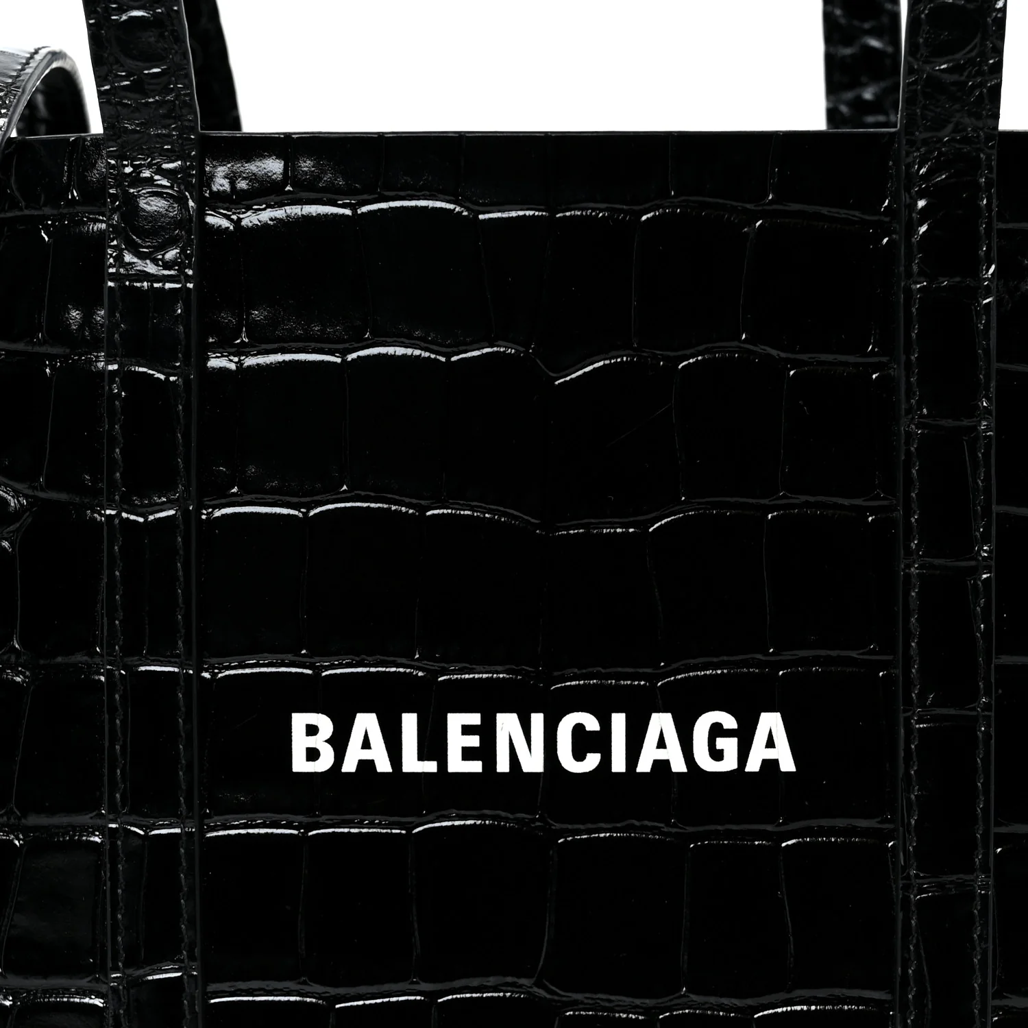 Shiny Calfskin Logo Crocodile Embossed XXS Everyday Tote  Black