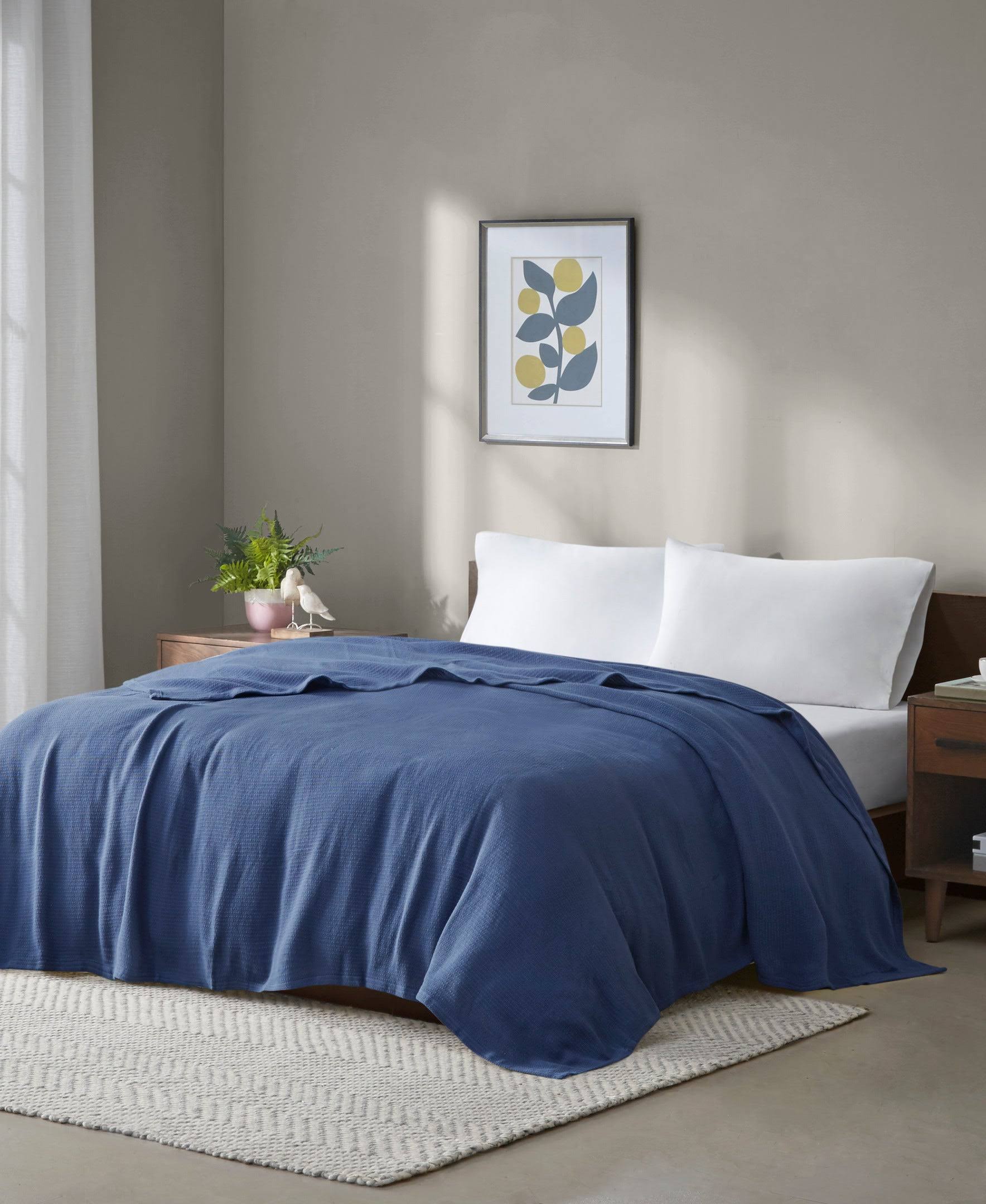 Madison Park - Freshspun Basketweave Cotton Blanket - Navy - Twin