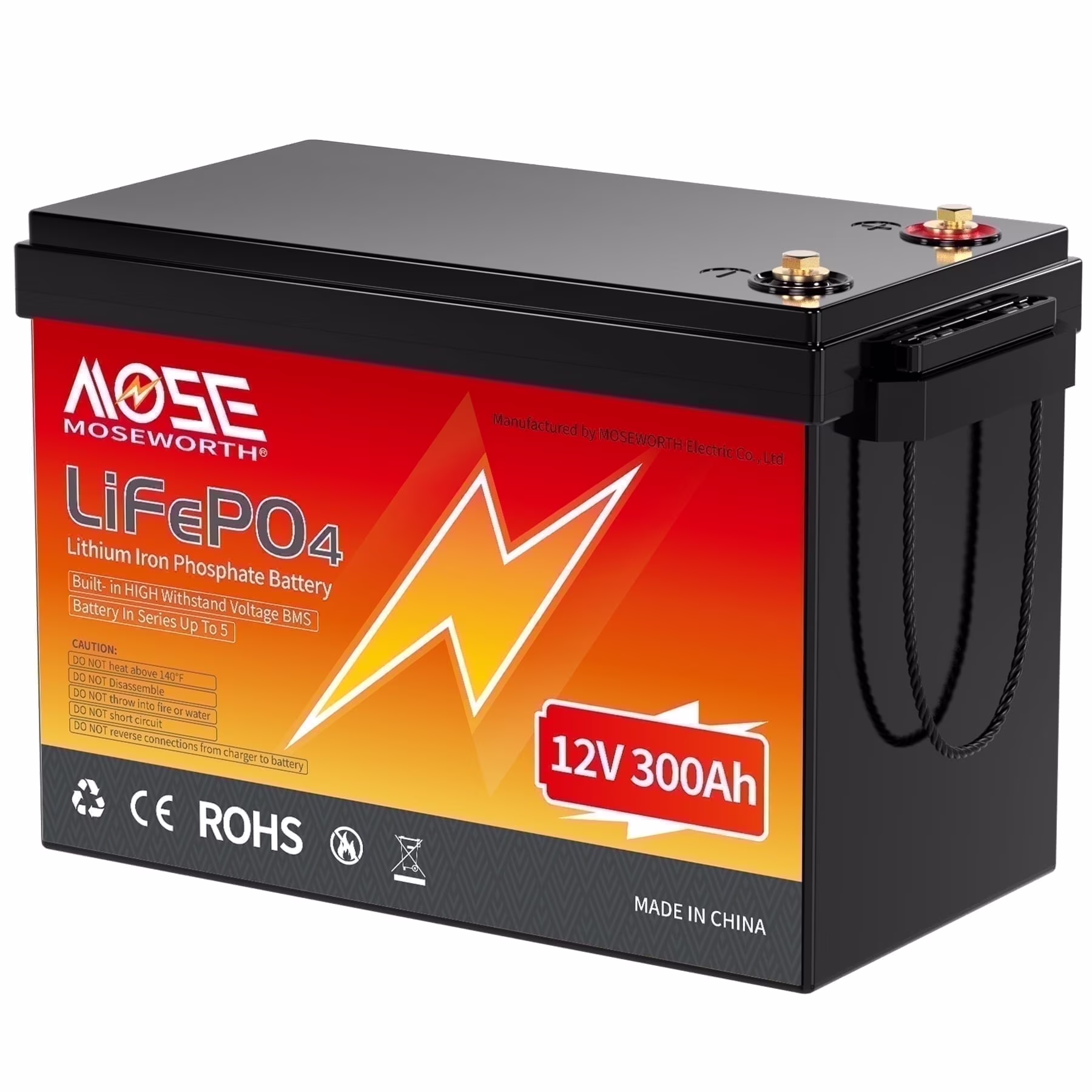 12V 300Ah LiFePO4 Lithium Battery,for RV,Solar,Golf Carts,Van,Marine,Camping,Trolling Motor,Motorhome,Built in 200A BMS,MOSEWORTH 15000+ Deep Cycles