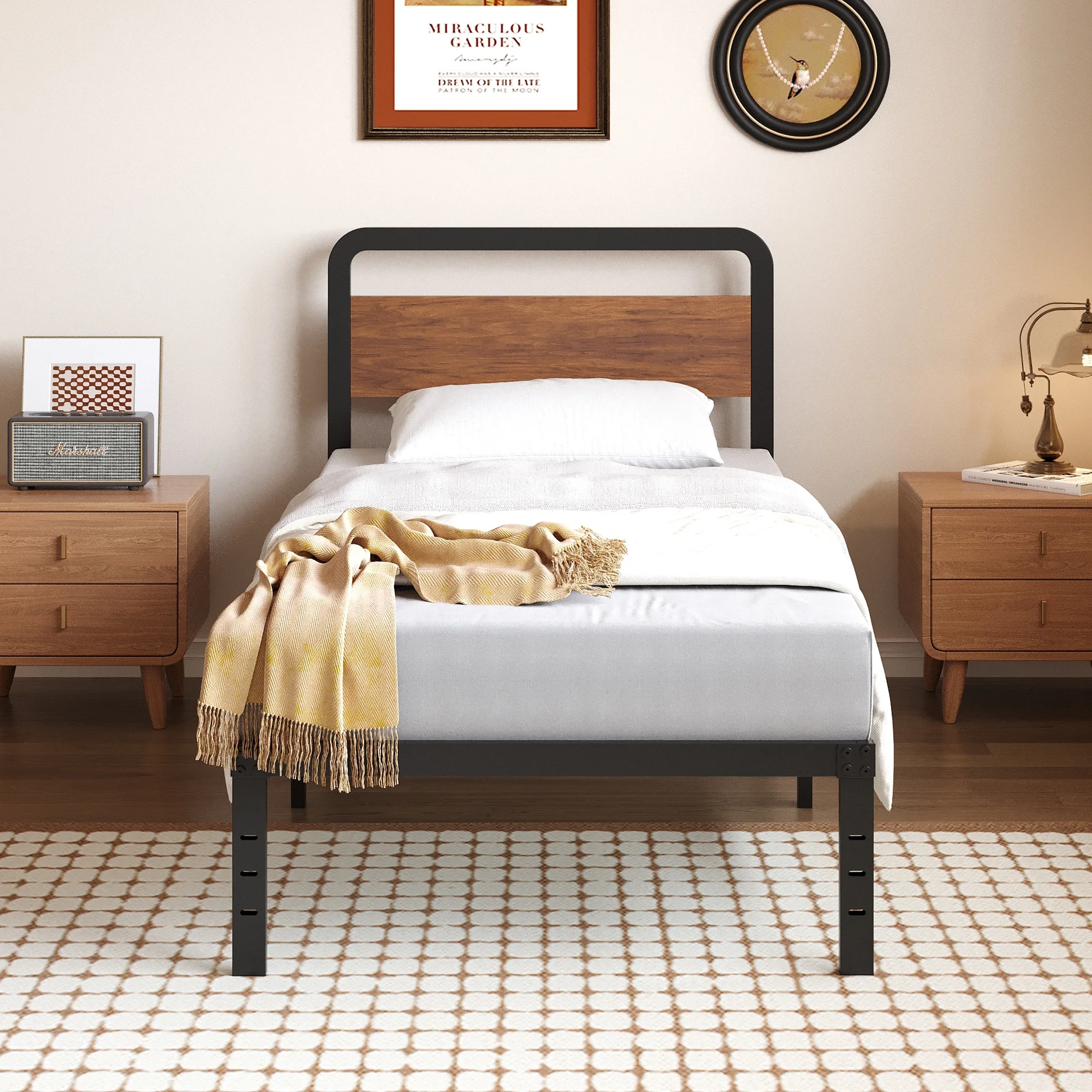 Maenizi Twin XL Bed Frames with Upholstered Headboard, 18 in Twin XL Metal Bed Frame No Box Spring Needed, Heavy Duty Metal Slats, Noise Free, Easy Assemble, Grey
