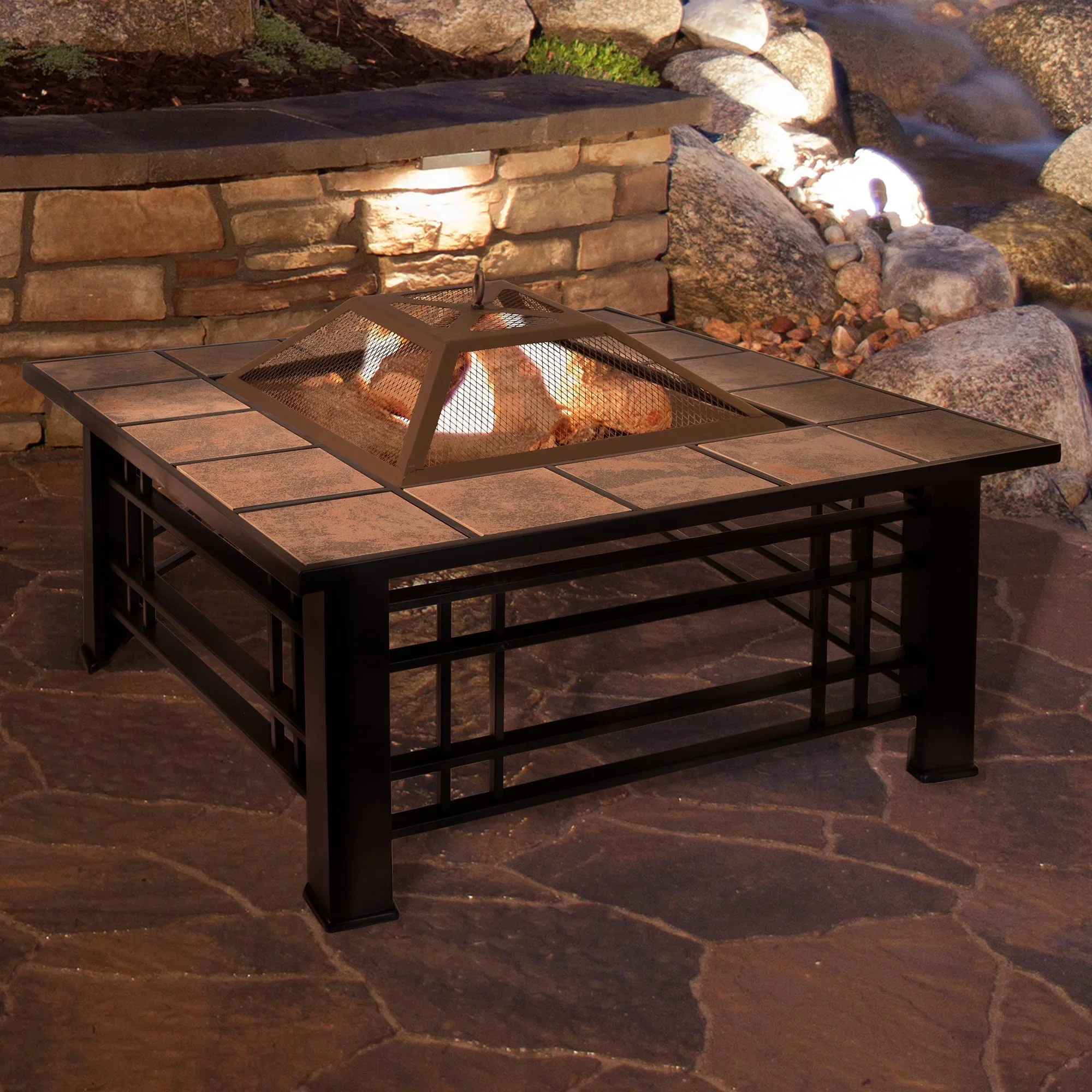 Pure Garden 32 Square Wood Powder Coated Finish Steel Fire Pit