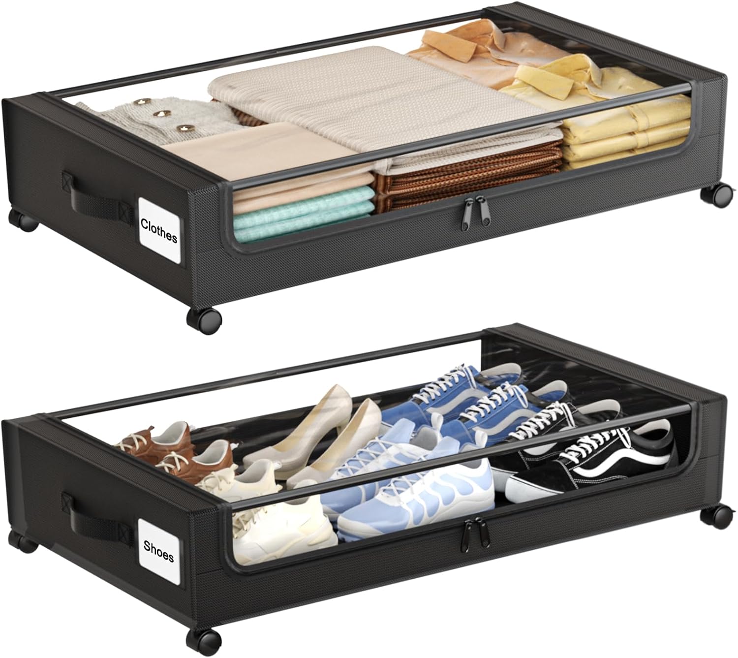 Under Bed Storage with Wheels, XXL 60L Under Bed Storage Containers with Clear Lids, Rolling Under Bed Metal Drawer for Clothes, Shoes, Toys (Black, 2 Pack)