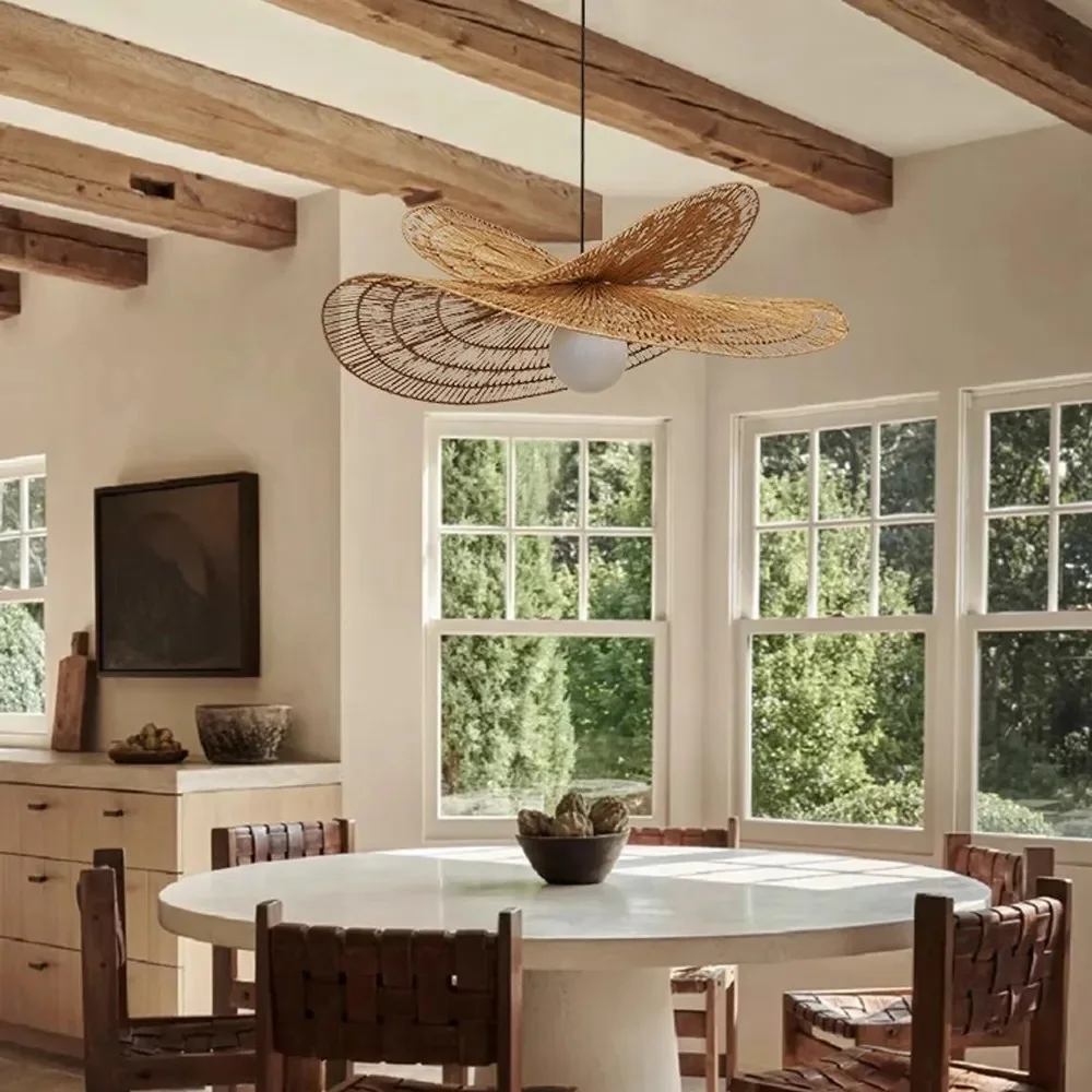 Arturesthome Vintage Handmade Rattan Woven Creative Double-Layer Straw Hat Pendant Light
