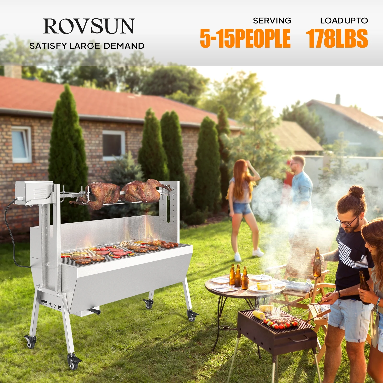 46 Electric Rotisserie Grill 176 lbs Capacity 25w Pig Lamb Spit Roaster Rotisserie w/Lockable Wheels Wind Baffle with Adjustable Height(46" Length) - Image 10