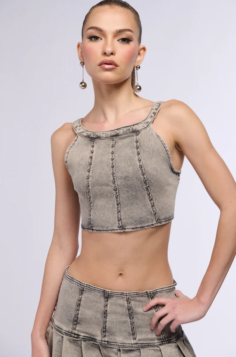STAND ON MY BUSINESS MINERAL WASH DENIM STUDDED SLEEVELESS TOP - Akira Store
