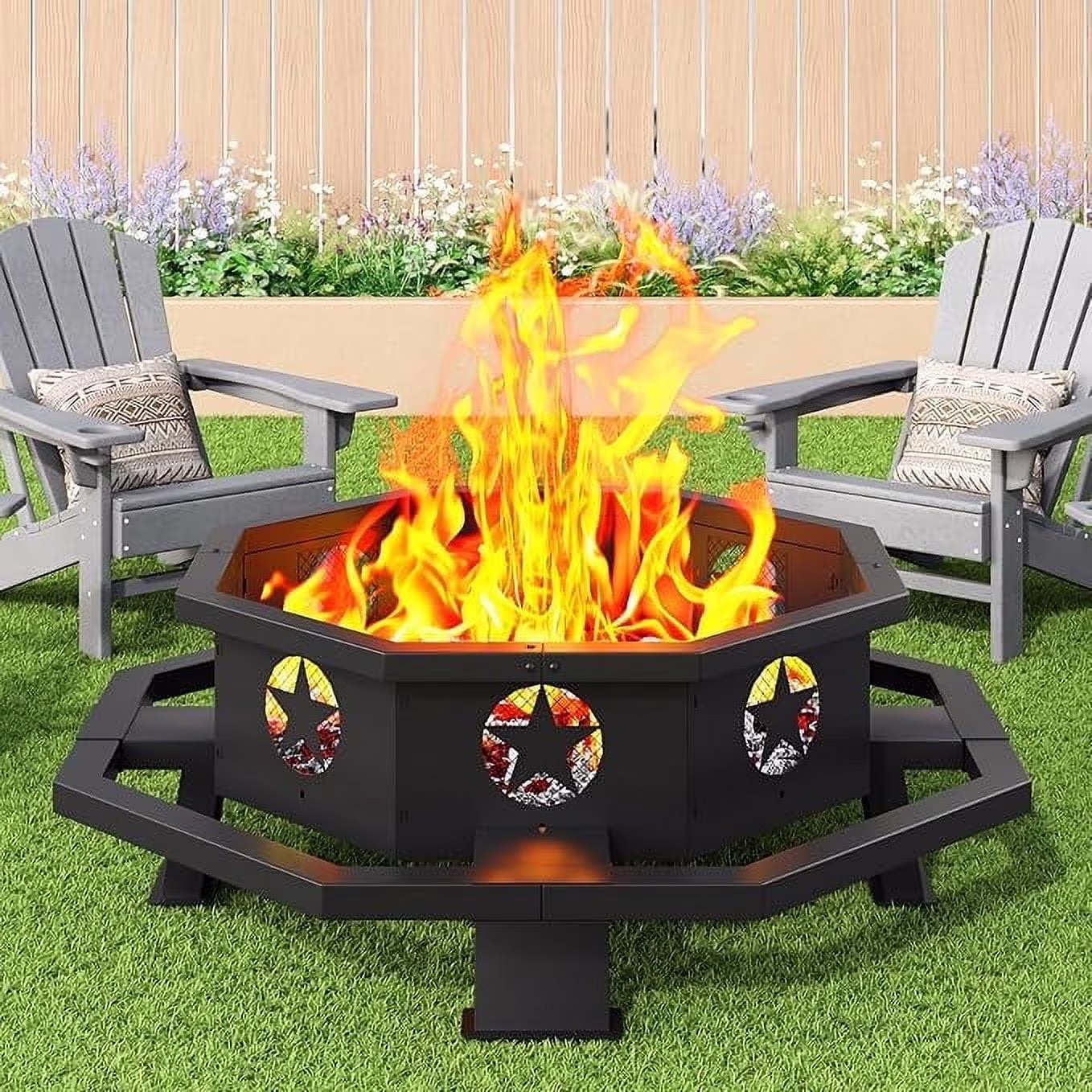 45 inch Extra Large Fire Pit, Outdoor Wood Burning Fire Pit for Outside Octagonal Heavy Duty Firepit for Camping, Backyard, Patio, Black(45") - Image 3