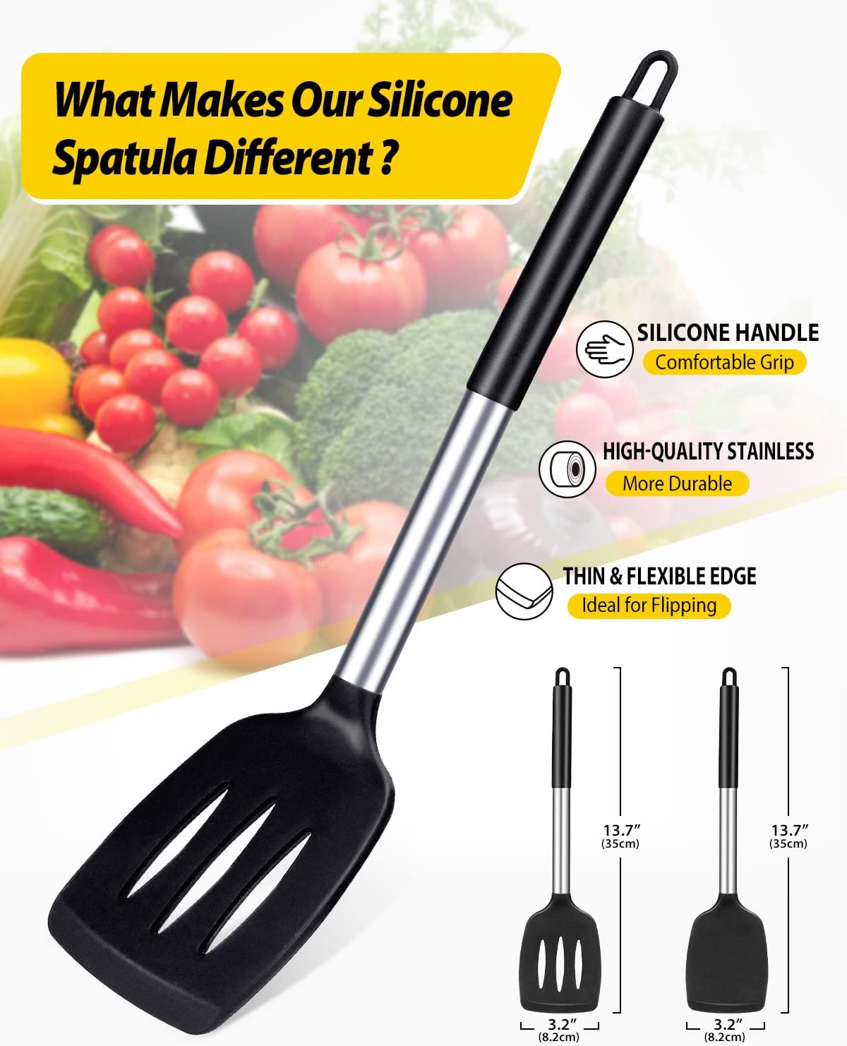 Pack of 2 Silicone Solid Turners, Non-Stick Slotted Kitchen Spatulas, High Heat Resistant BPA Free Cooking Utensils, Ideal Cookware for Fish, Eggs, Pancakes (Black)