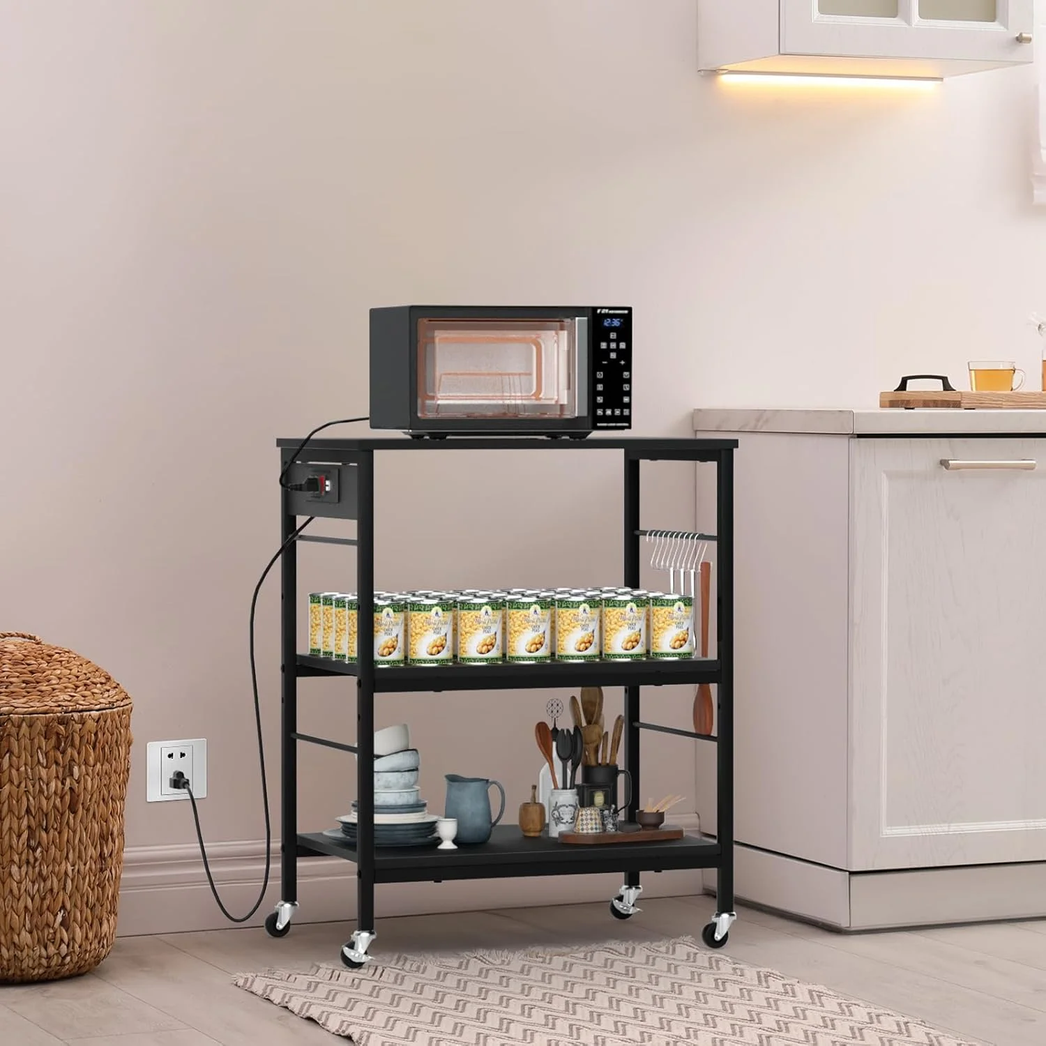 Bakers Rack with Power Outlet Microwave Shelf Stand Black Coffee Bar Table Cart 3 Tier Kitchen Carts on Wheels with Storage and 10 S - Shaped Hooks for Living Room Dining Room Office