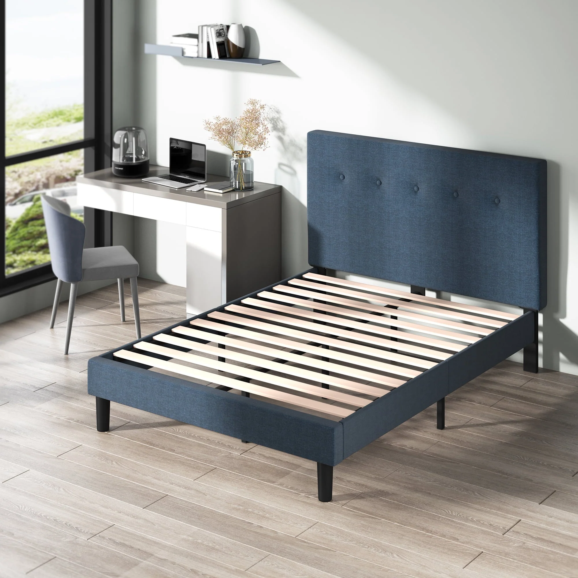 Zinus Omkaram 47" Upholstered Navy Platform Bed, Full(Full)