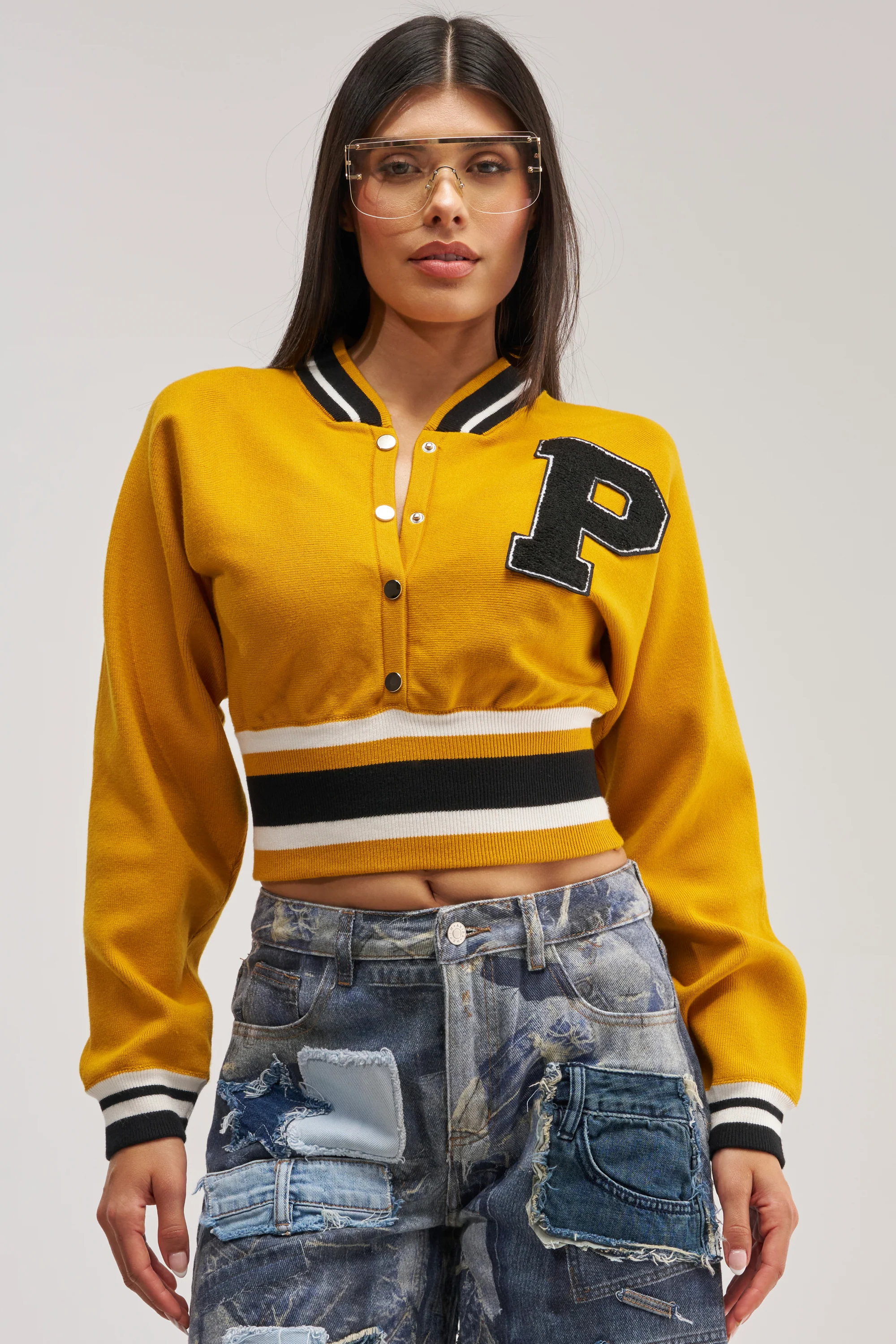 VARSITY TEAM BUTTON DOWN SWEATER IN MUSTARD - Akira Store
