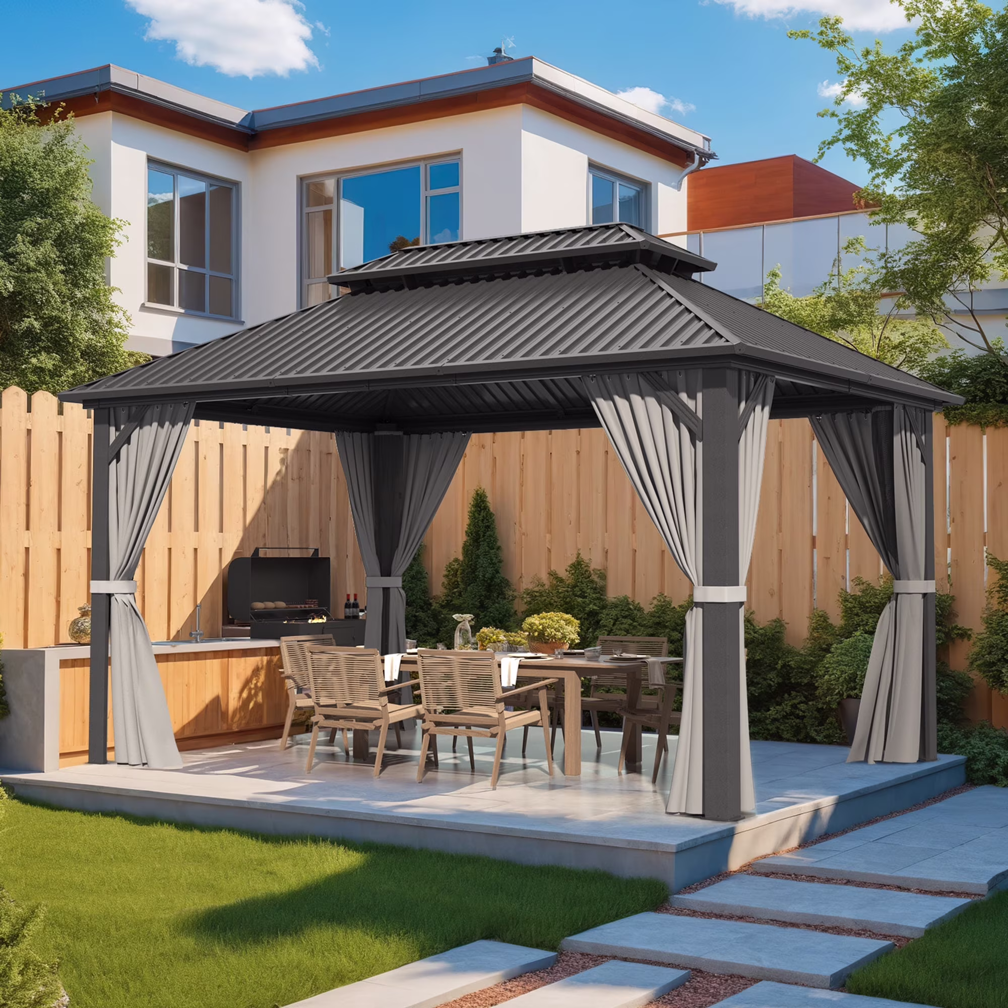 10'x12' Hardtop Gazebo with Aluminum Frame, Permanent Outdoor Pavilion Metal Gazebo with Galvanized Steel Double Roof Mosquito Netting and Curtains for Patios, Gardens, Lawns, Gray(10' x 12') - Image 3