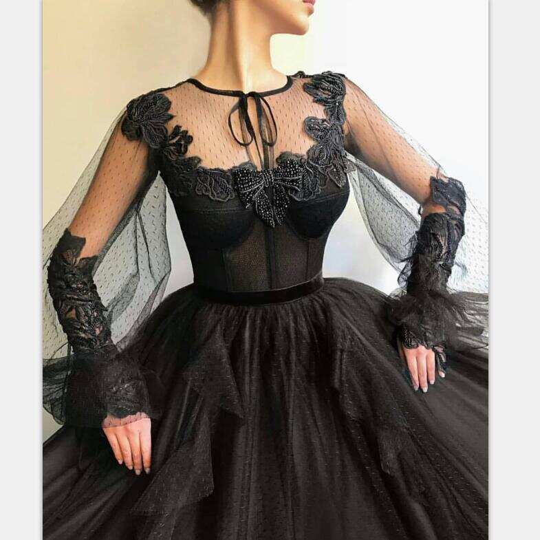 Black Long A-line Tulle Prom Dress, Long Sleeves Modest Evening Gown DMG82