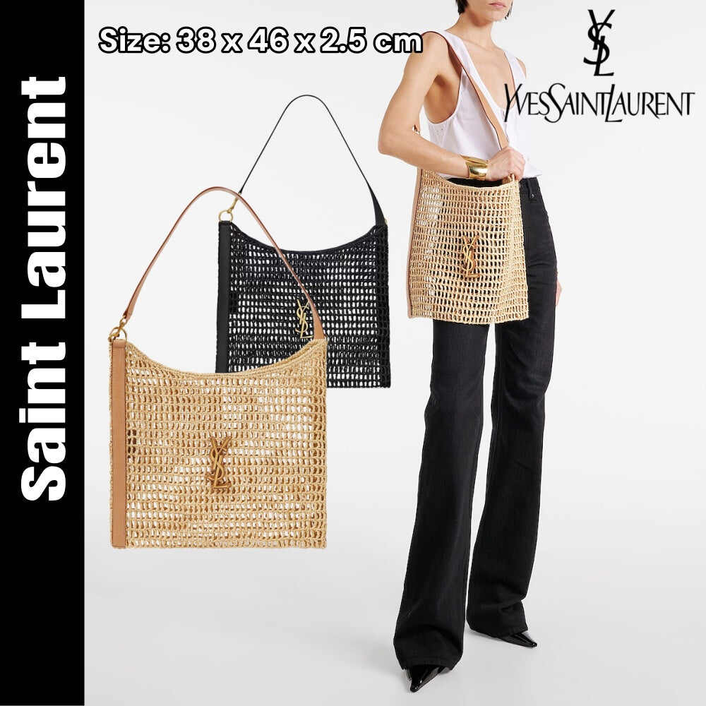 YSL【サンローラン】パリ カサンドラ ラフィア×レザー ショルダーバッグ ベージュ