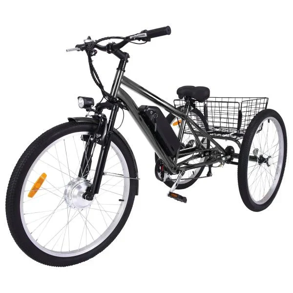 26 Inch Adult 3 Wheel Electric Tricycle with Basket, Fat TIRES,7 SPEEDS,350W Powerful Motor, 36V 10AH Removable Battery - Dark Gray