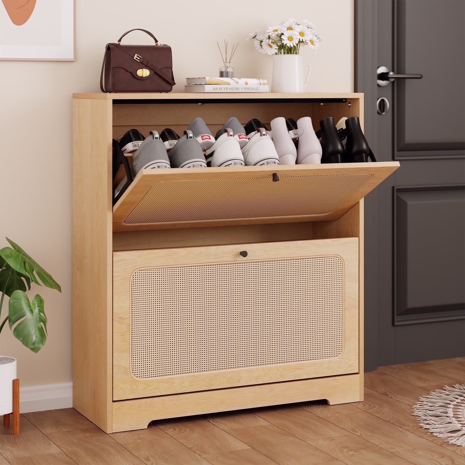 Rattan Shoe Cabinet with 2 Flip Drawers Adjustable Shelves 5 Tier Freestanding Tipping Bucket Shoes Storage Closet for 16 Pairs Narrow Console Table Modern Boho Entryway Shoe Rack Organizer(Single)