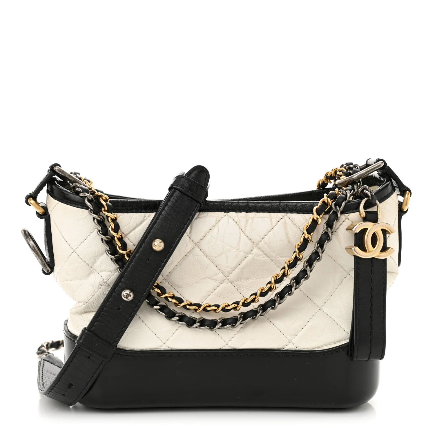 Aged Calfskin Quilted Small Gabrielle Hobo Black White