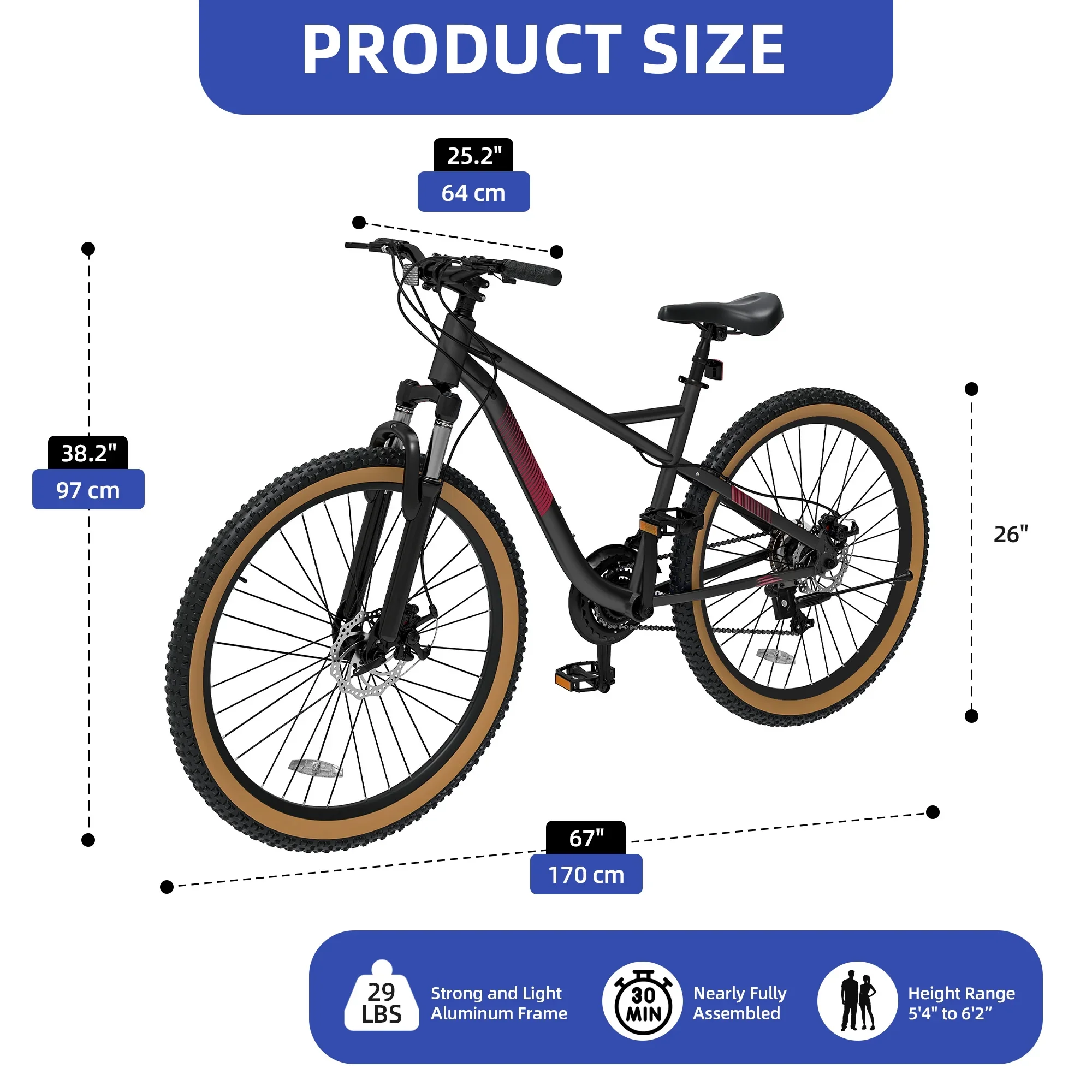 ModFusion 26-Inch Aluminum Alloy Mountain Bike, 21-Speed, Disc Brakes, Black with Brown Tires, 85% Assembled