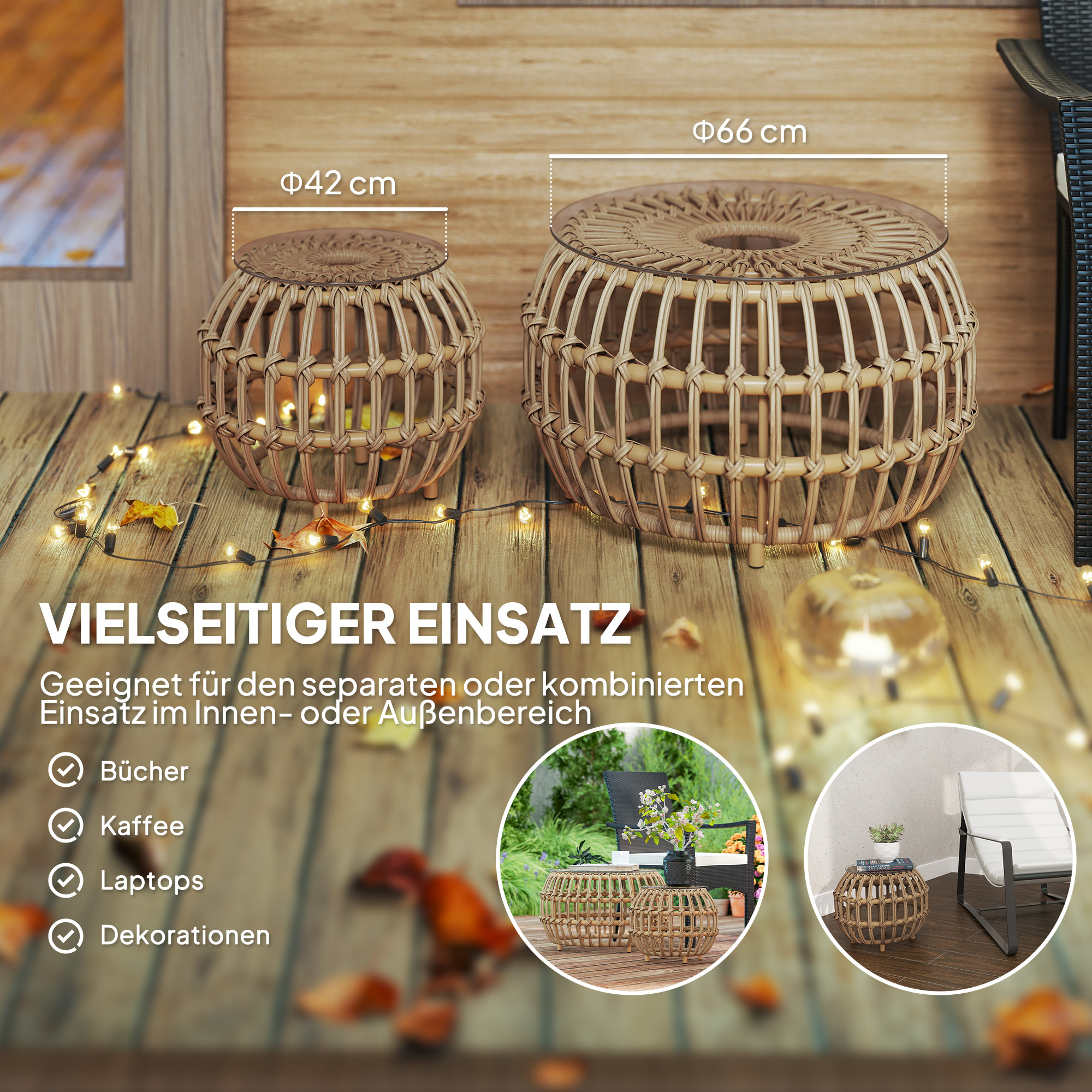 Outsunny 2-delige Set Bijzettafels Polyrattan Ø66/42 cm Rond Weerbestendig met Glazen Blad - Bruin