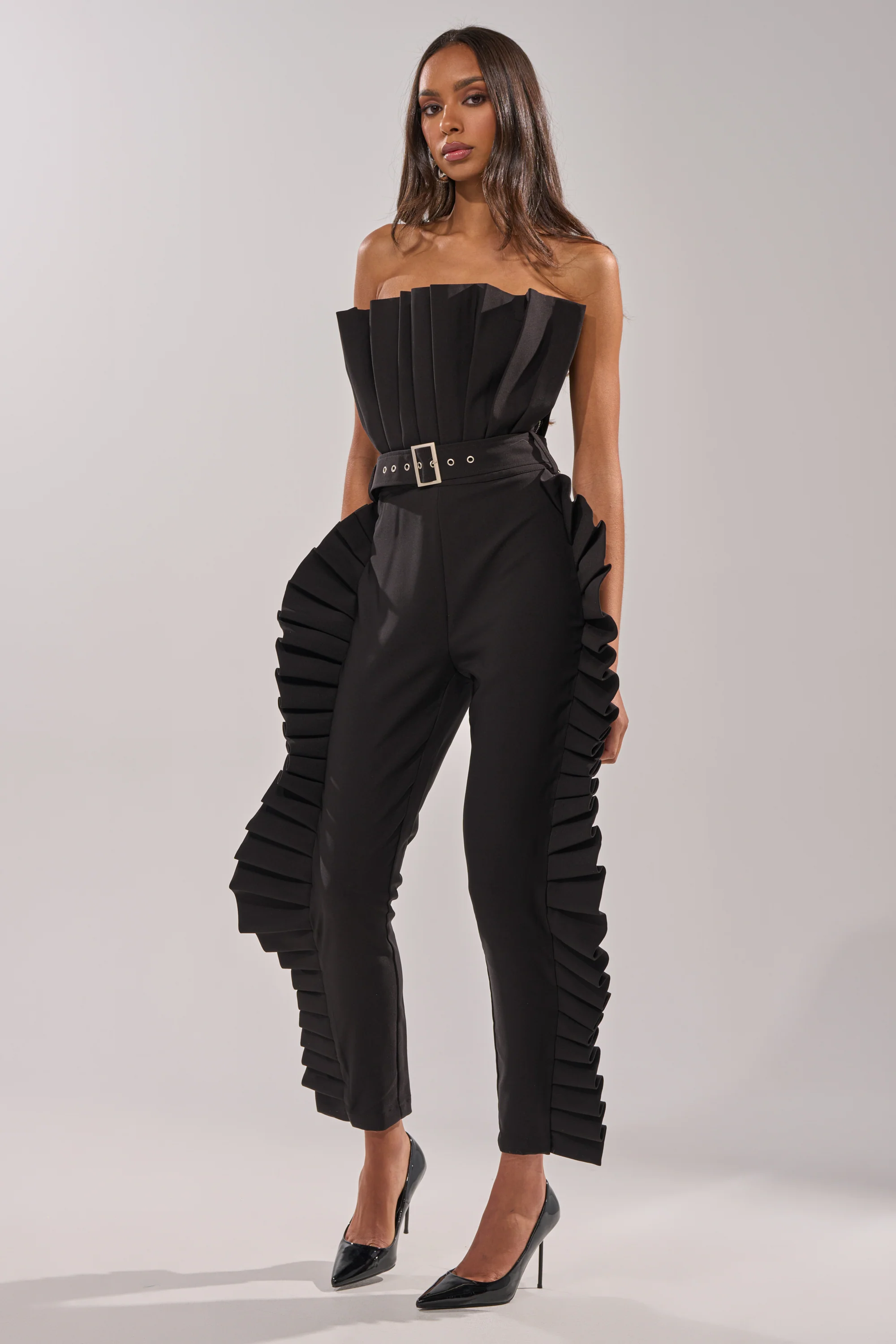 RUFFLE MY FEATHERS BLACK JUMPSUIT - Akira Store