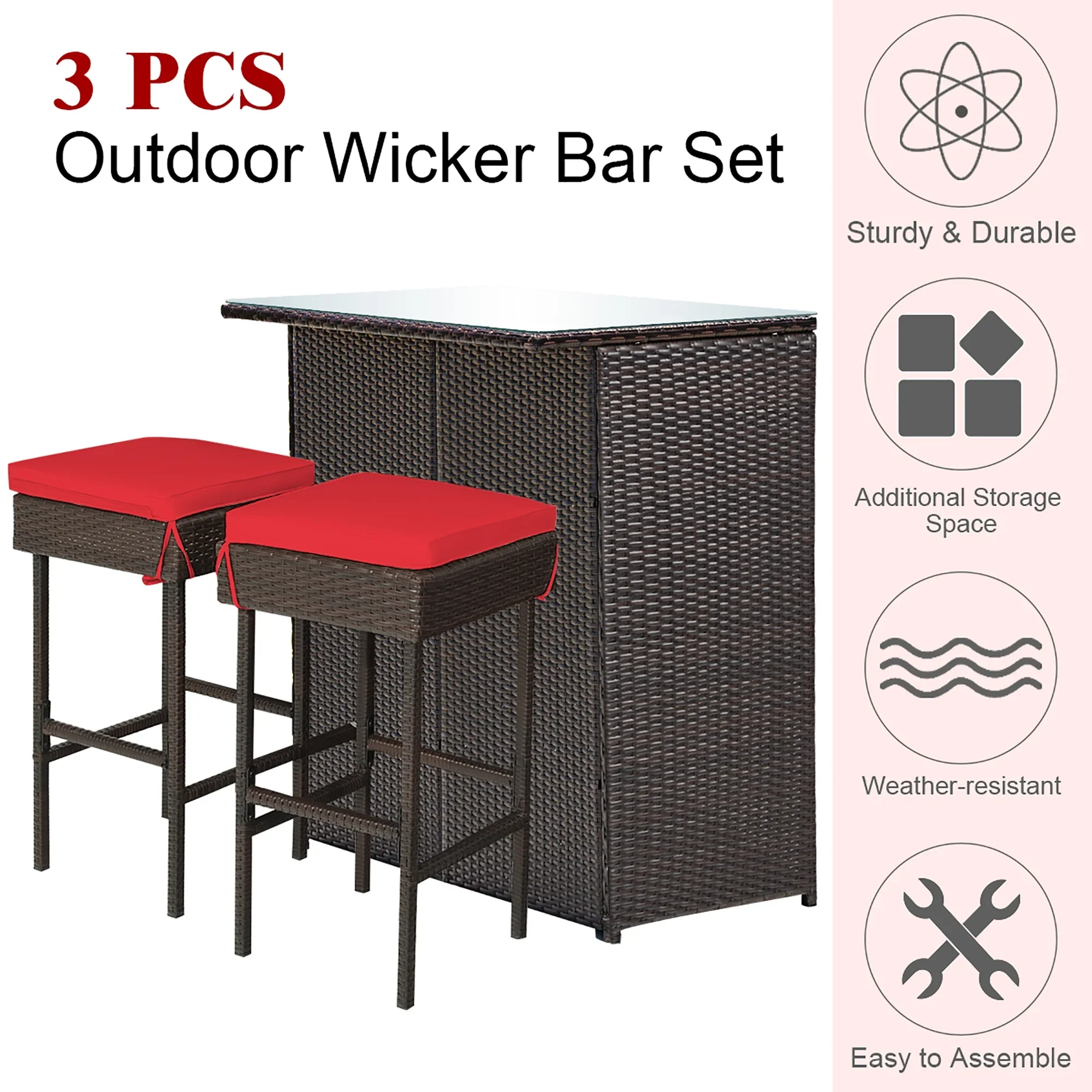 Costway 3PCS Patio Rattan Wicker Bar Table Stools Dining Set Cushioned Chairs Garden