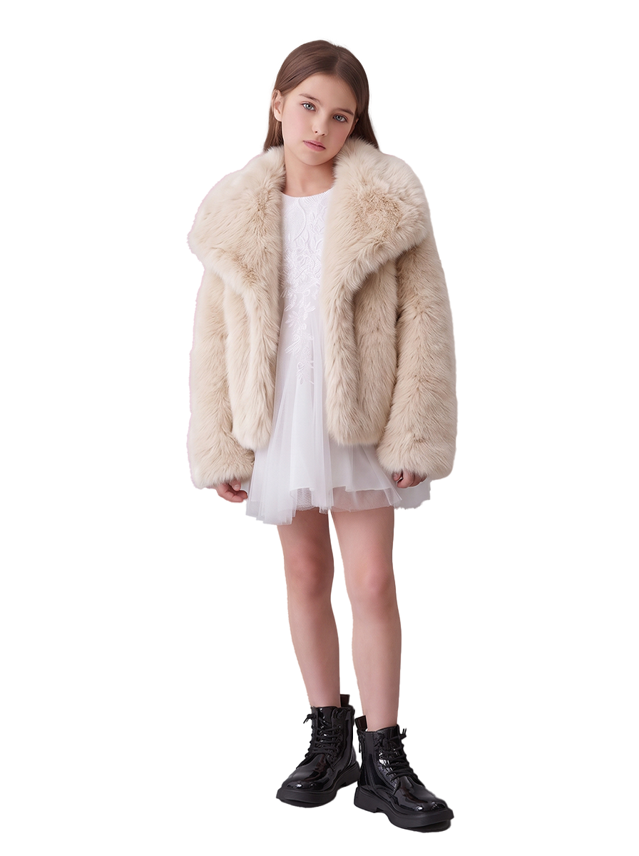 Stanetco Girls' Beige Faux Fur Coat - Kids Warm Fluffy Winter Jacket, Elegant Shaggy Outerwear with Classic Lapel