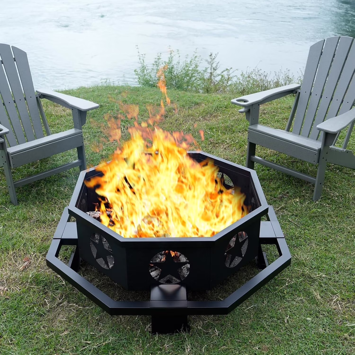 45 inch Extra Large Fire Pit, Outdoor Wood Burning Fire Pit for Outside Octagonal Heavy Duty Firepit for Camping, Backyard, Patio, Black(45")