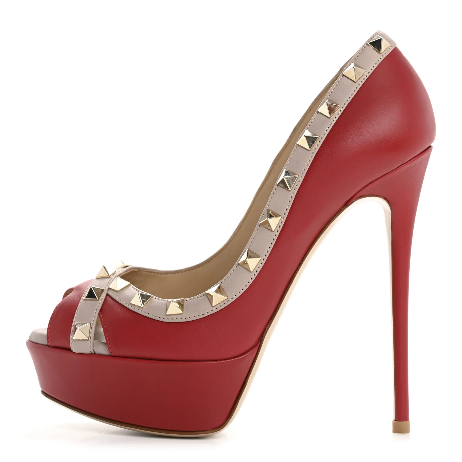 Nappa Rockstud Peep Toe Platform Pumps 36 Poudre Rosso