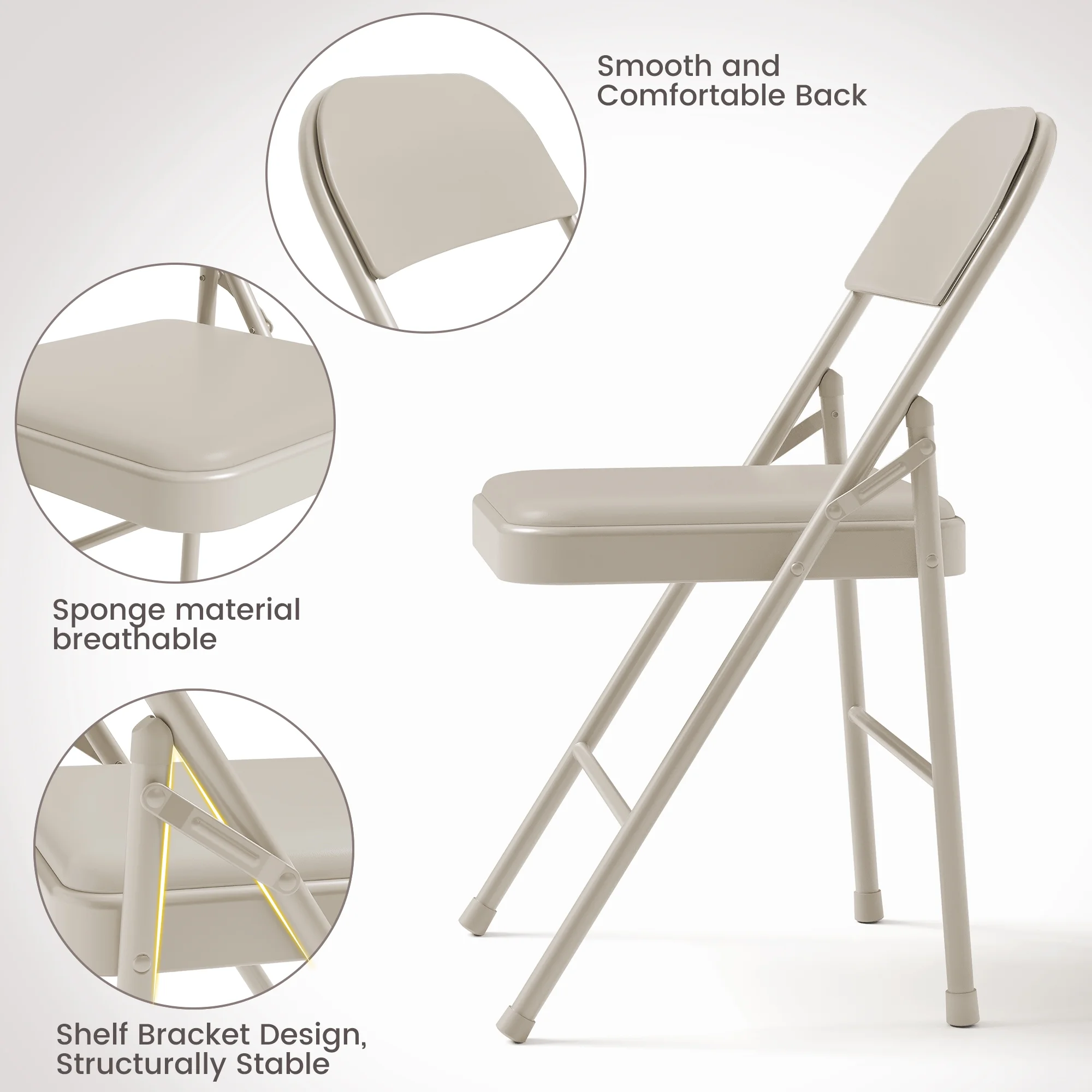 Luku Folding Chairs, Portable Card Chair, Metal Frame, PU Soft Cushion for Dining, Living, Office(4-Pack PU Cushion Chairs/Beige)
