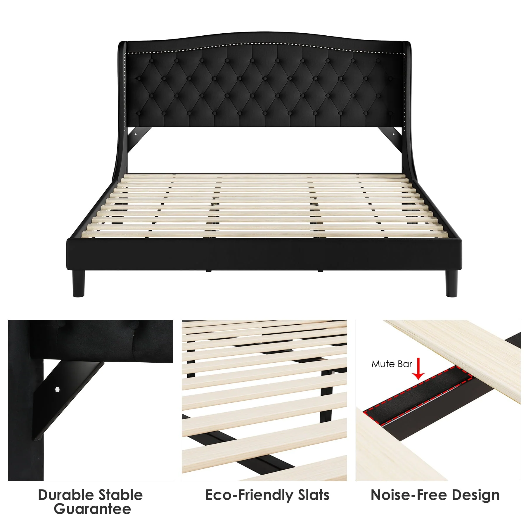 Homfa Queen Bed Frame, Wing-Back Button Tufted Upholstered Headboard, Modern Platform Bed Frame with Wood Slat Support for Bedroom, Black(Full/Beige)
