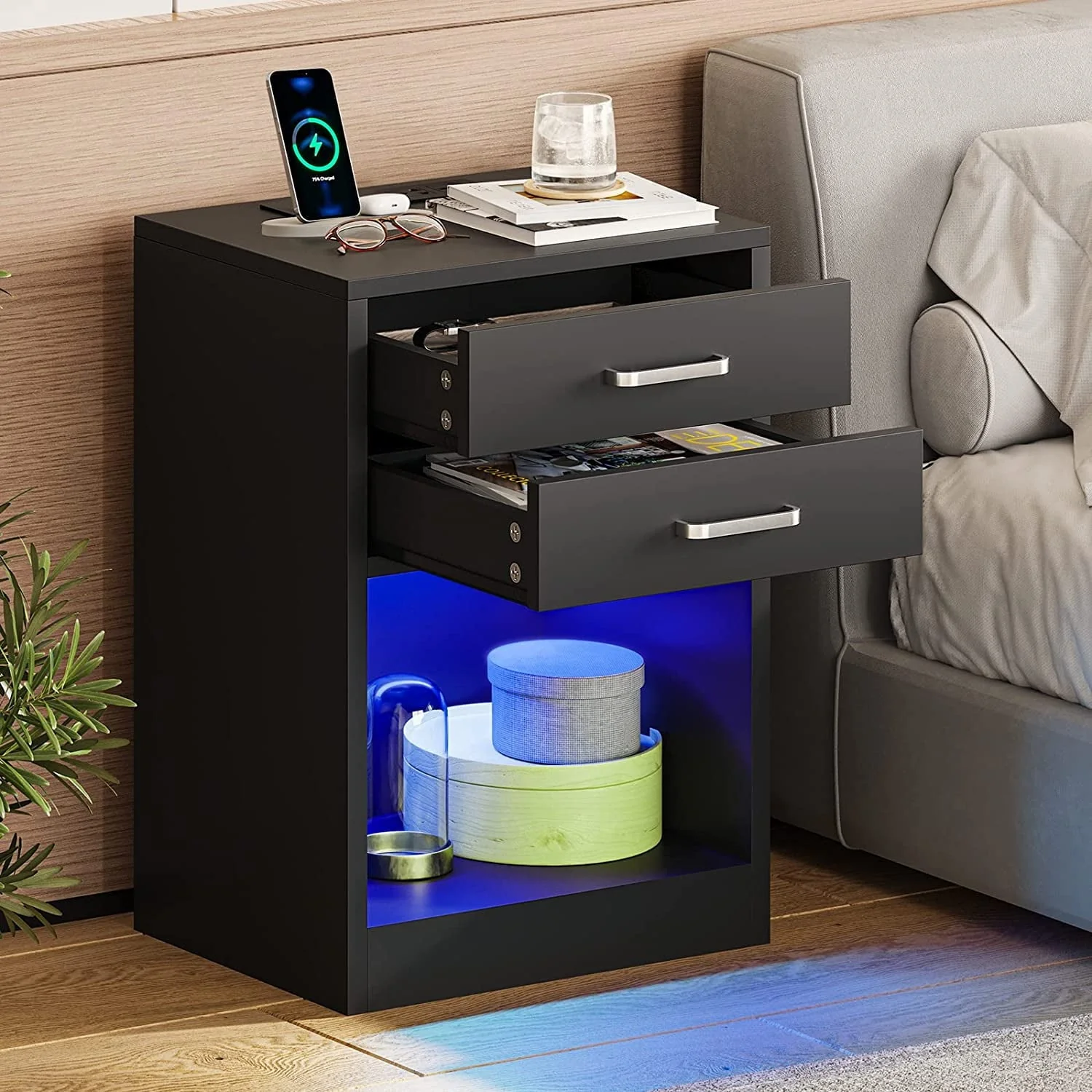 Set of 2 LED Nightstands with Charging Station, Modern Bedside Table with 2 Drawers, Black(Black) - Image 2