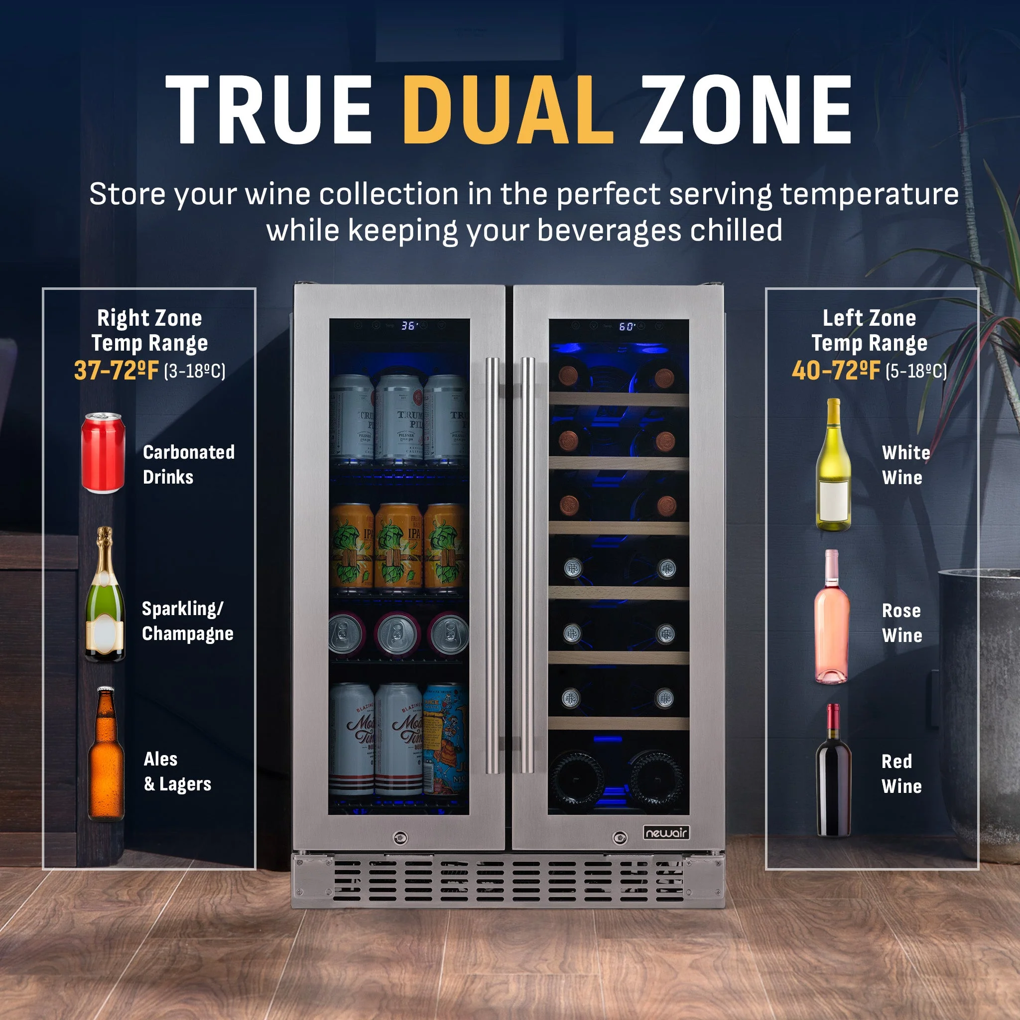 Newair 58-Can, 18-Bottle Premium Built-in Dual Zone Beverage Fridge - 24