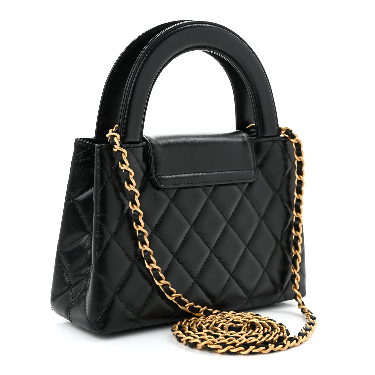 Shiny Aged Calfskin Quilted Nano Kelly Shopper Black