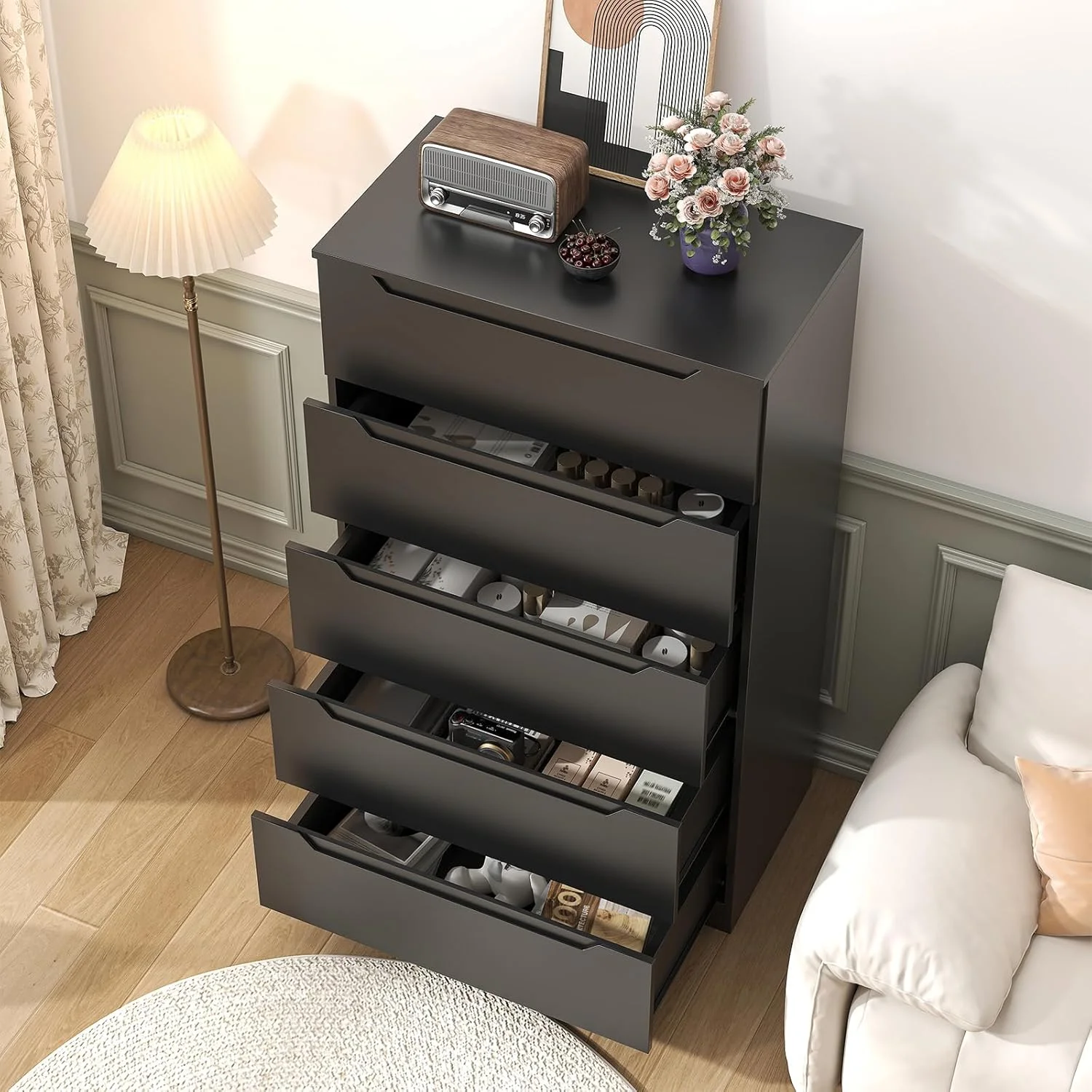 Vertical 5 Drawer Dresser, Wood Storage Cabinet with Upgraded Stable Base for Bedroom Living Room, Black(Black) - Image 4