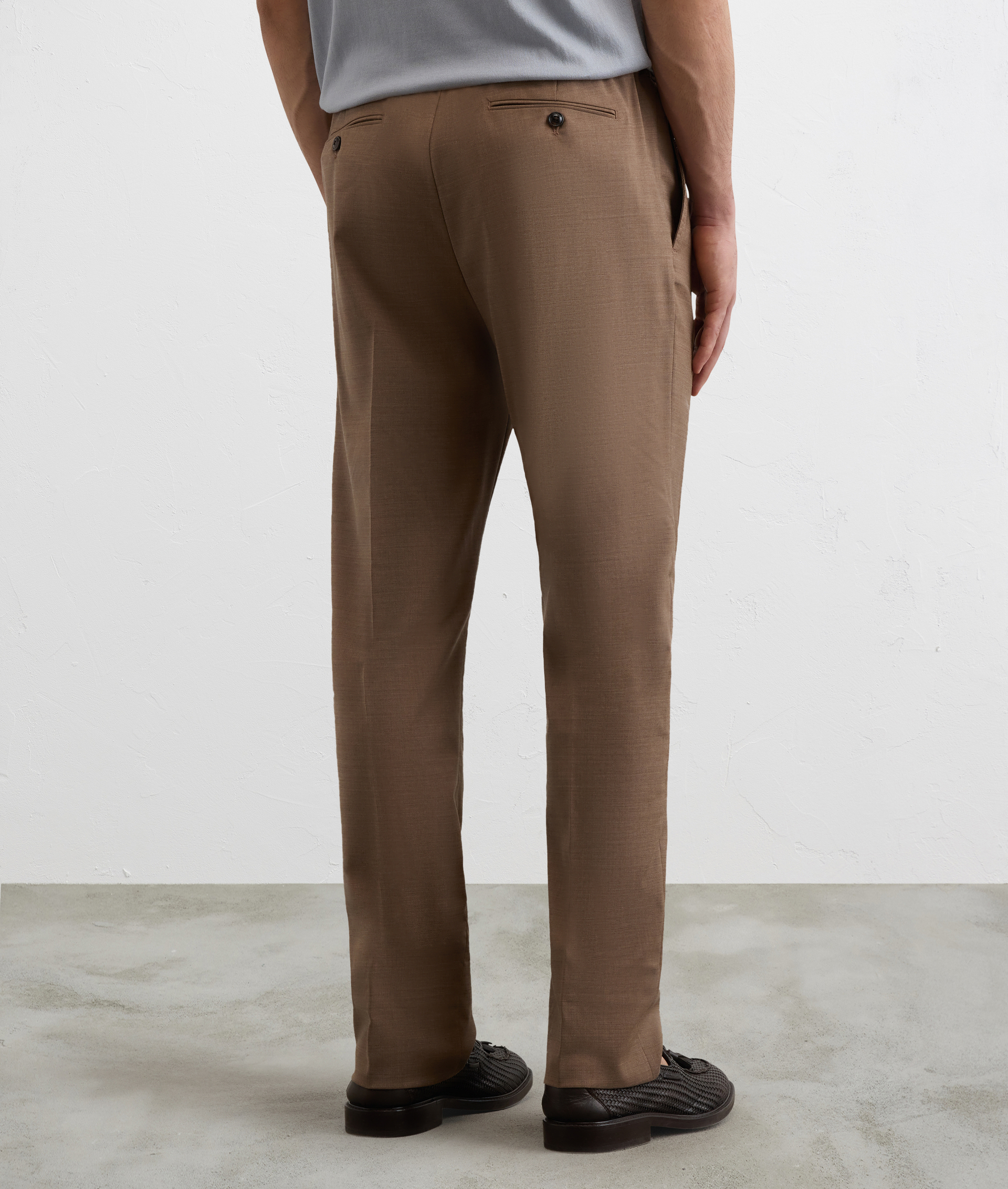 LIGHT BROWN MELANGE VIRGIN WOOL AND ELASTANE DRAWSTRING TROUSERS