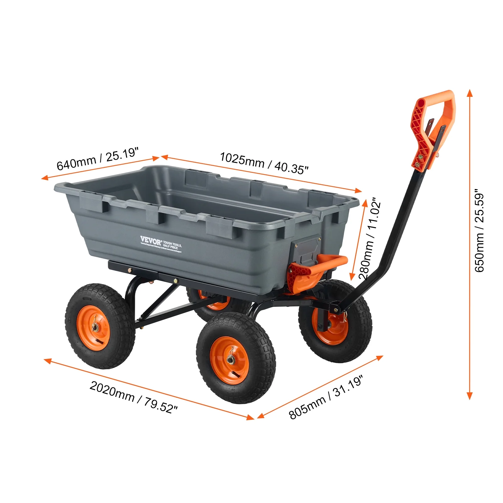 VEVOR Garden Cart, Durable Poly Dump Cart with Simple Assembly Steel Frame, Versatile Dump Wagon with Dual - Function Handle, 6.48 Cu.ft Utility Barrow 1200 lb Load, 13 in Wheels