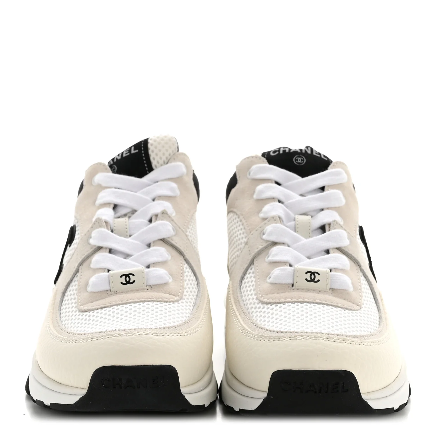 Mesh Suede Grained Calfskin Womens CC Sneakers 38.5 White Black