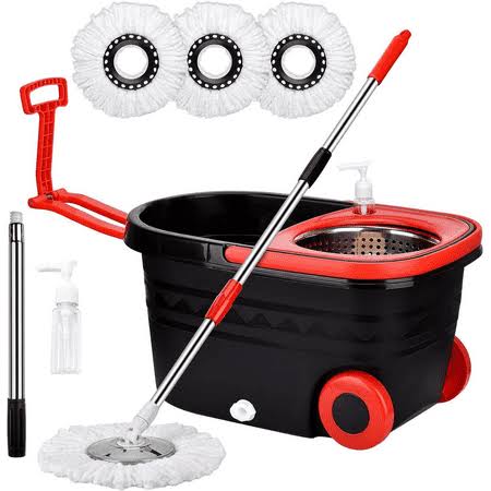 Spin Mop Bucket with Wringer Set for Home, 360 Extended Stainless Steel Handle, 3 Microfiber Replacement Mop Head Refills, 2 Wheels for Floor Cleaning