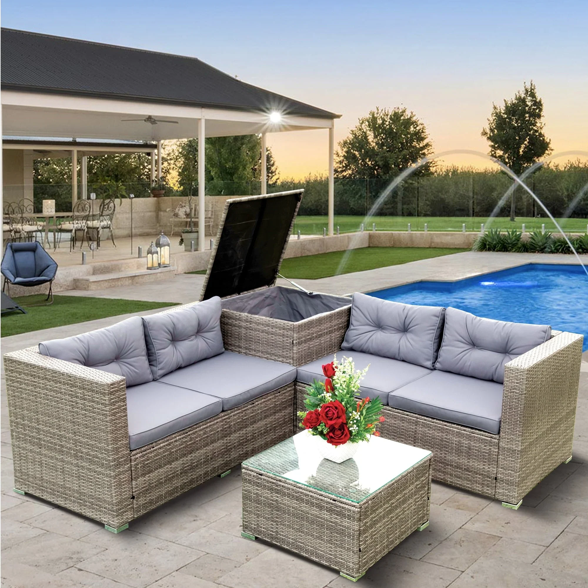 Rattan Patio Sofa Set, 4 Pieces Outdoor Sectional Furniture, All-Weather PE Rattan Wicker Patio Conversation, Cushioned Sofa Set with Glass Table & Storage Box for Patio Garden Poolside Deck