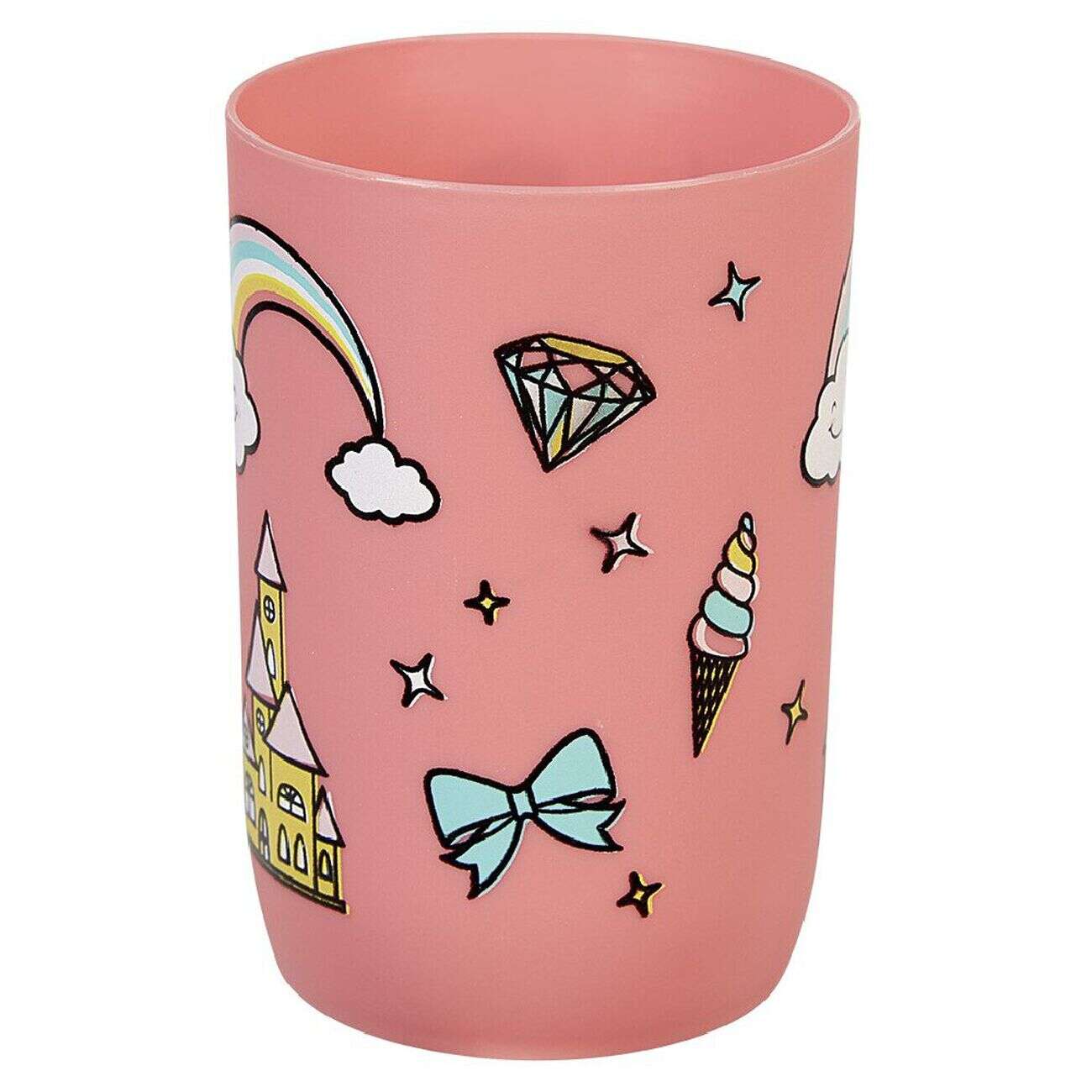 Gobelet salle de bain enfant rose motif château arc-en-ciel