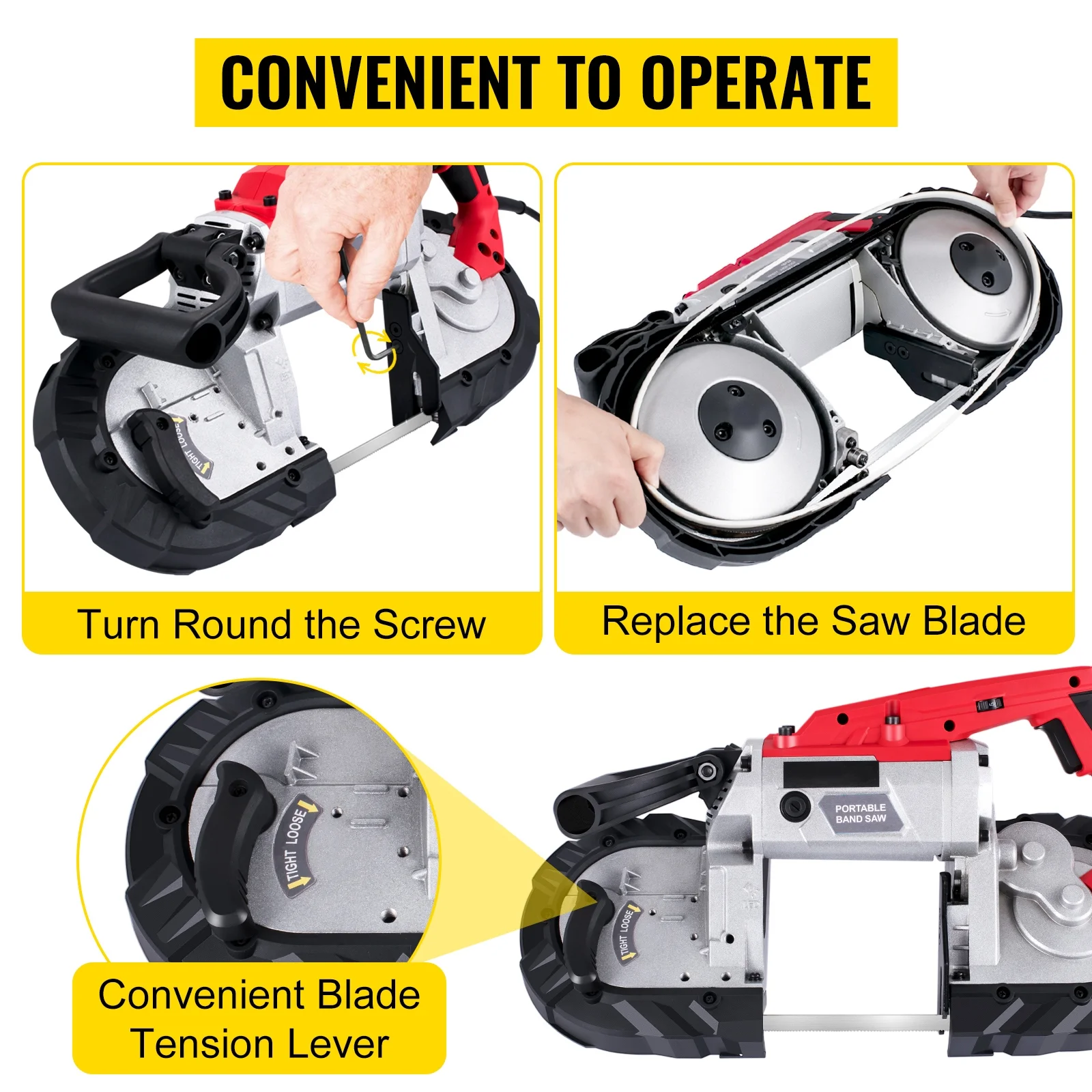 Portable band saw, 110V removable alloy steel base rechargeable band saw, 5 inch cutting capacity handheld band saw, variable speed portable band saw, 10 amp motor, deep cutting band saw for - Image 6