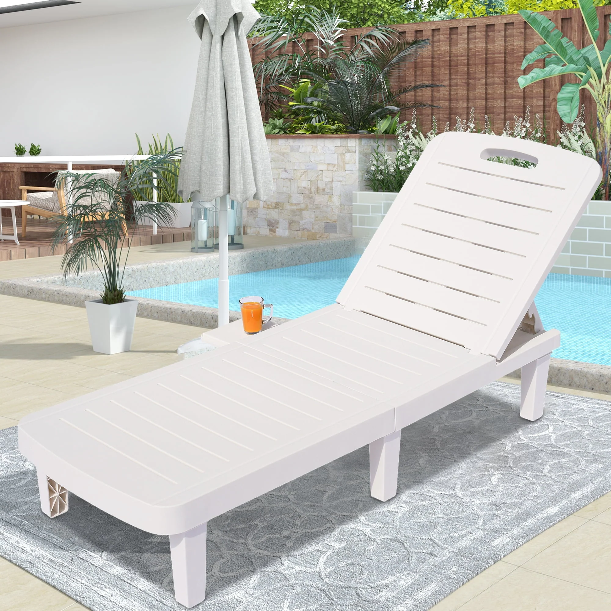 Patio Lounge Chair Set of 2, Adjustable Chaise with Side Table, Outdoor Lounger Recliner for Poolside, Patio, Backyard, Wood Texture Design | Waterproof | Easy to Assemble | Max Weight 330 lbs White(White,1PCS) Image 5