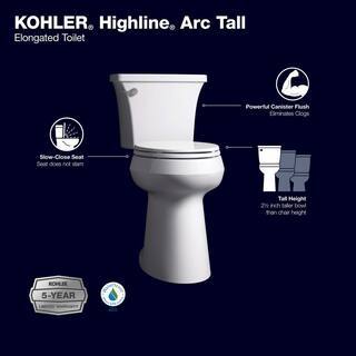 Toilette allongée extra haute KOHLER Highline Arc 2025, 1,28 gallons par chasse d'eau, blanche avec siège
