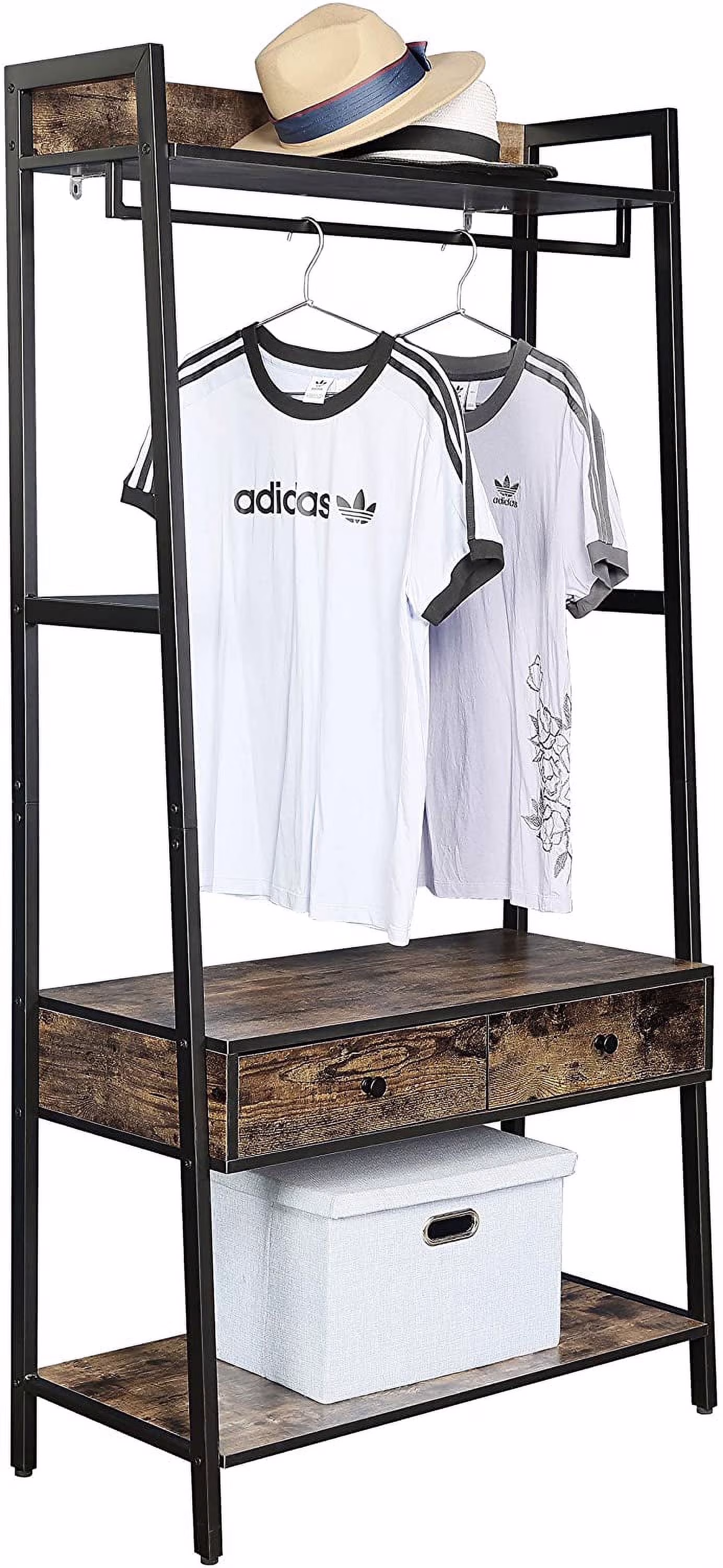 33" Entryway Coat Rack, Industrial Rustic Hall Tree Shoe Bench with Storage Drawers and Shelf for Hallway, Wood Look Accent Furniture with Metal Frame, Rustic Brown(A)