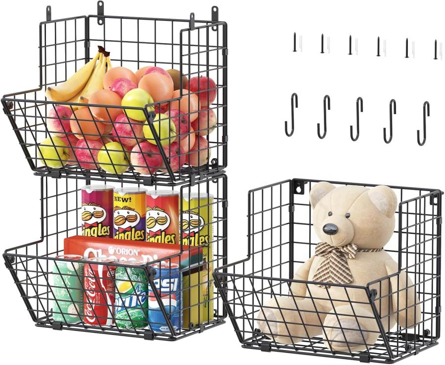 X-Cosrack Metal Wire Basket Wall Mount, 3 Tier Wall Storage Basket Organizer With 5 S Hooks, Kitchen Fruits And Vegetables Produce Bin Rack Toys