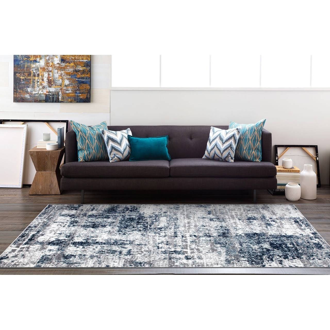 Distressed Modern Abstract Blue 7 ft. 10 in. x 10 ft. Area Rug
