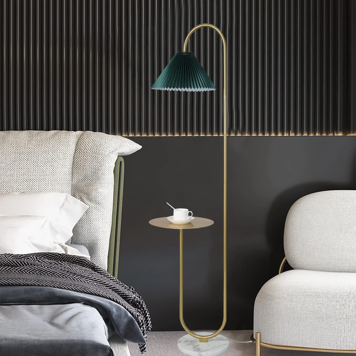 Modern Elegant with Tray Floor Lamp for Office Cafe Den Living Room Bedroom, Foot Switch and Brass/Gold Finish,Light Yellow Pleated Cloth Lampshade(Brass+Dark Green Lampshade) - Image 4