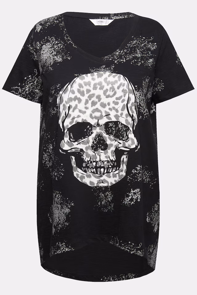 Half-Sleeve V-Neck Leopard Print Skull T-Shirt