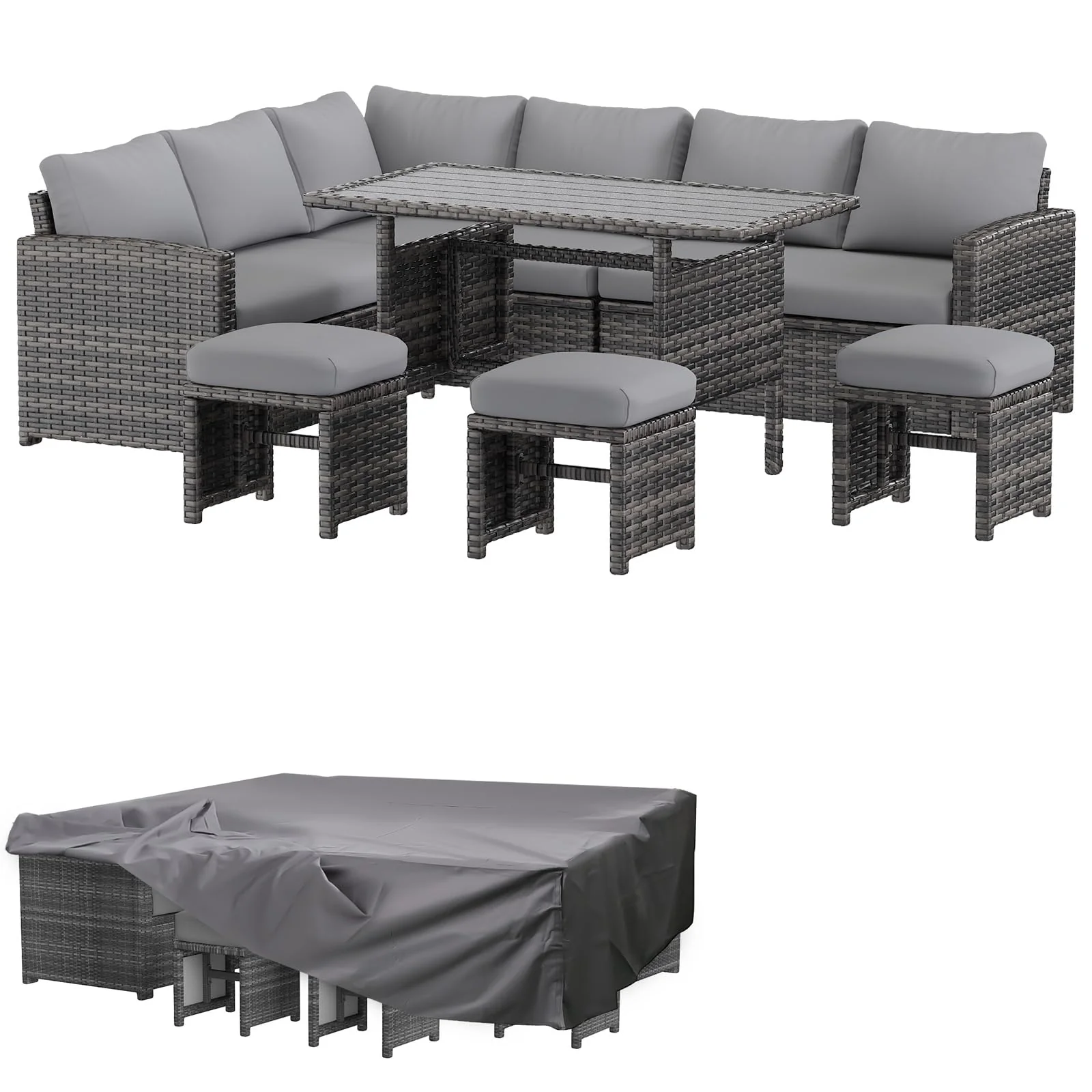 AECOJOY 7 Pieces Outdoor Wicker Rattan Dining Sofa Set with Waterproof Cover, Gray