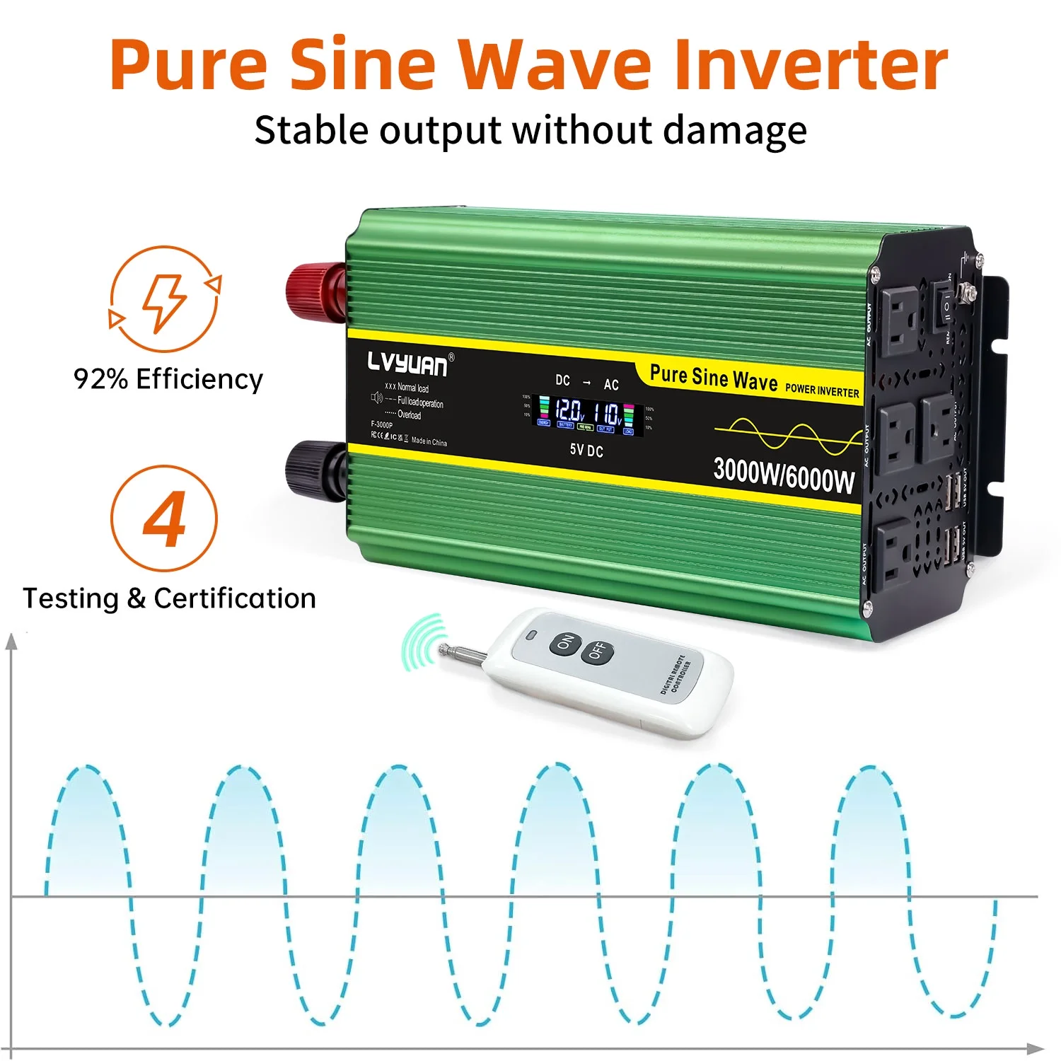 LVYUAN 3000watts Pure Sine Wave Power Inverter DC 12V to AC 110V 120V Converter 4USB 4AC LCD Display with Remote Control